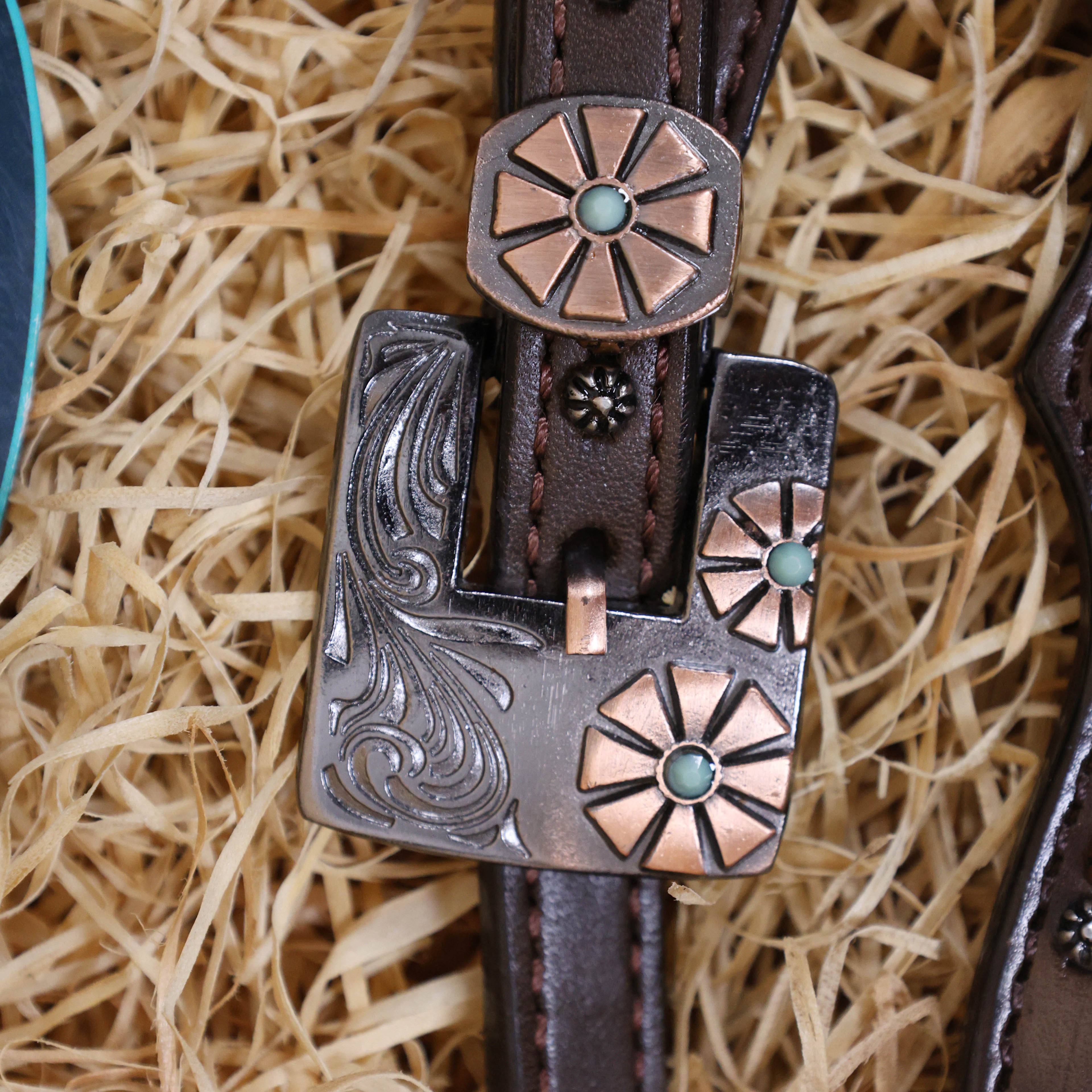 MOUSM Argentina Cow Leather Headstall and Breast Collar Set for Horse, Western Headstall Set Decorated with Leopard Printed Leather, Antique Copper Hardware