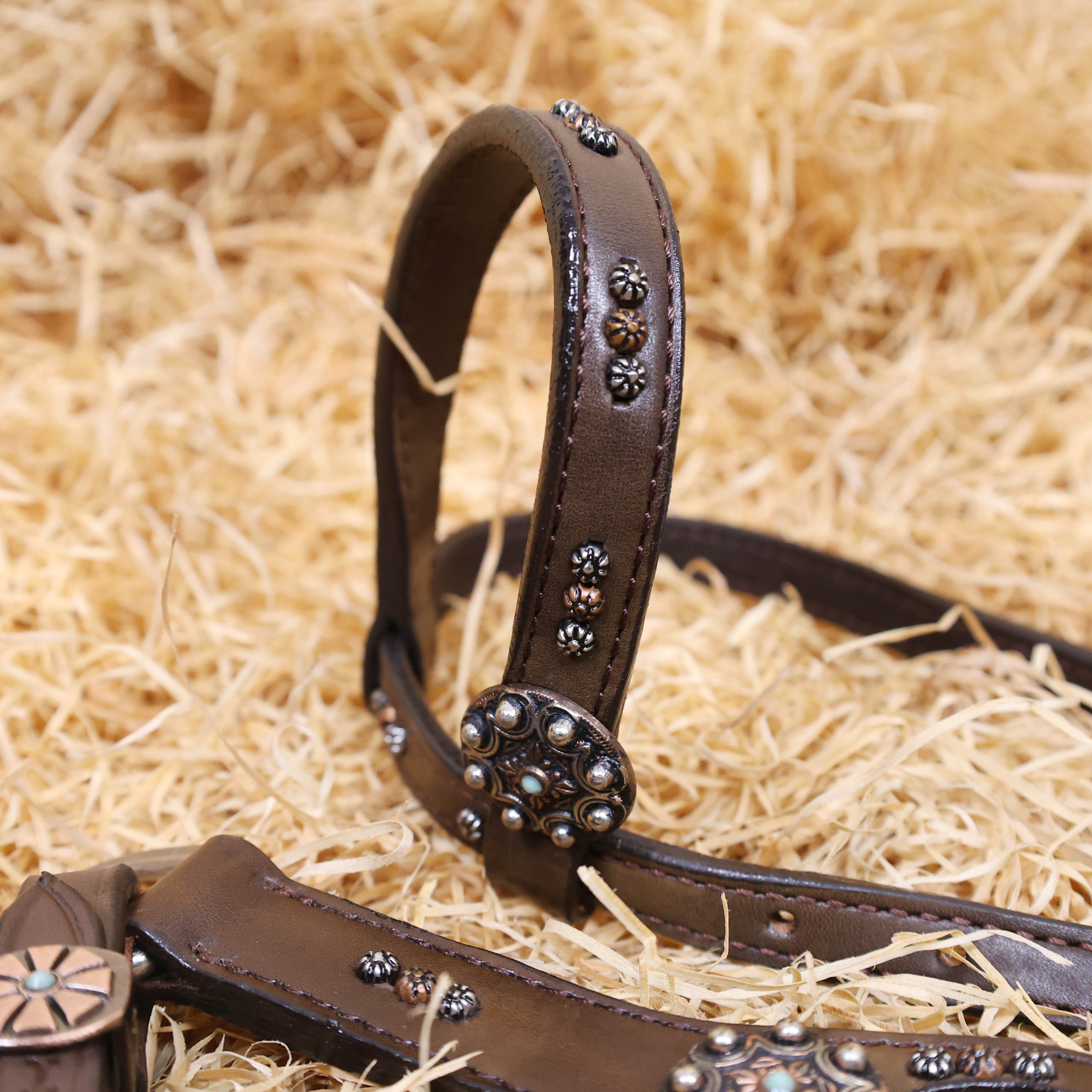 MOUSM Argentina Cow Leather Headstall and Breast Collar Set for Horse, Western Headstall Set Decorated with Leopard Printed Leather, Antique Copper Hardware