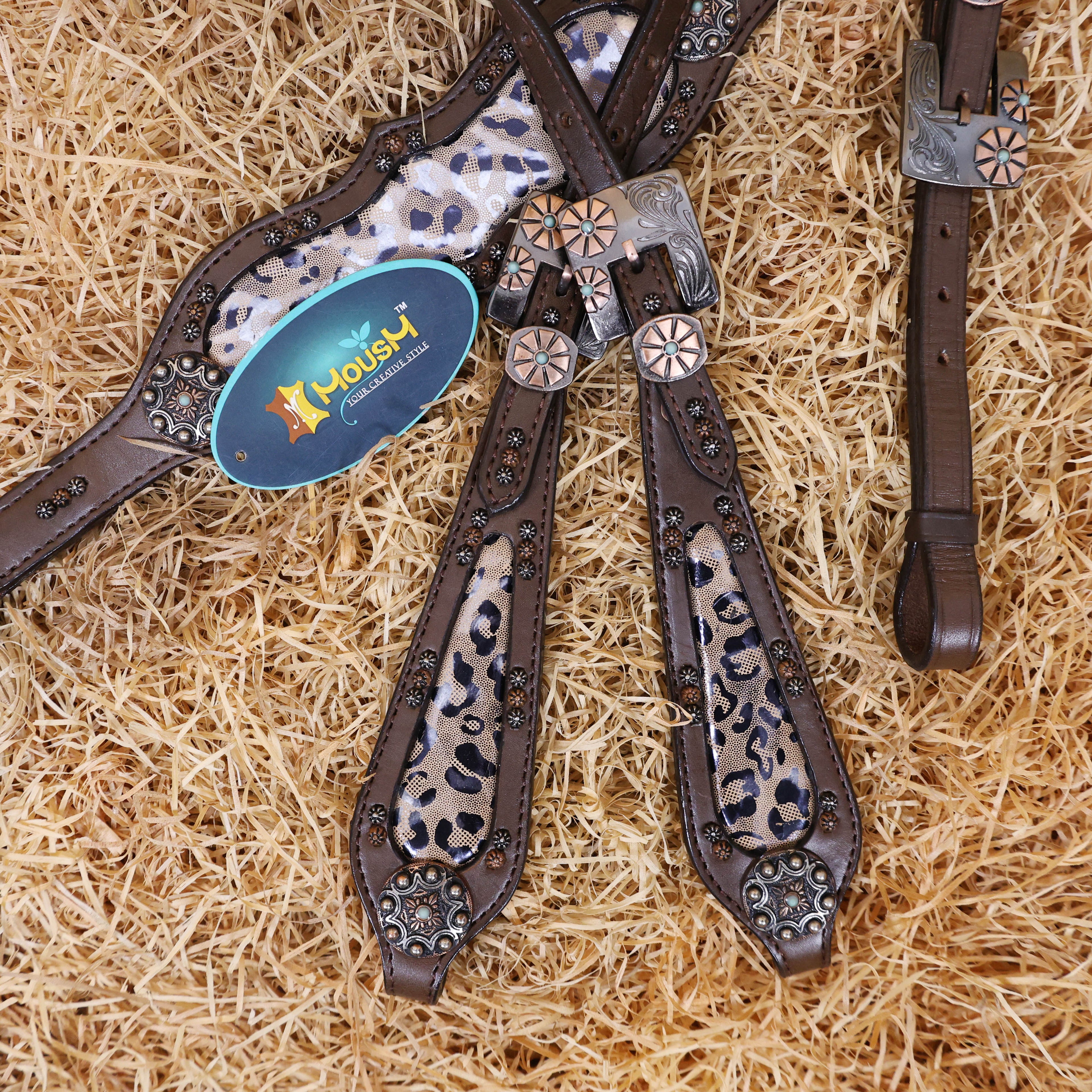 MOUSM Argentina Cow Leather Headstall and Breast Collar Set for Horse, Western Headstall Set Decorated with Leopard Printed Leather, Antique Copper Hardware