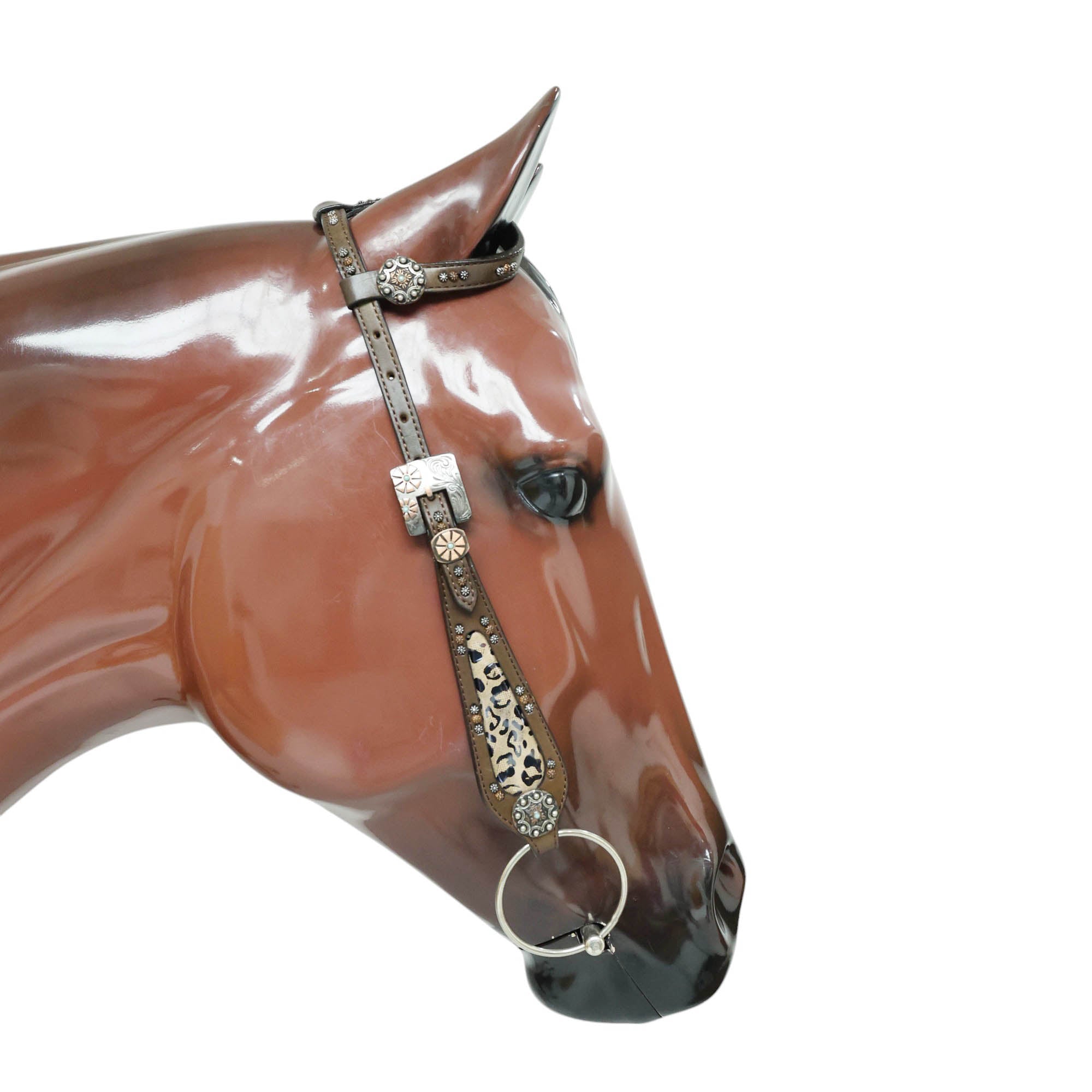 MOUSM Argentina Cow Leather Headstall and Breast Collar Set for Horse, Western Headstall Set Decorated with Leopard Printed Leather, Antique Copper Hardware