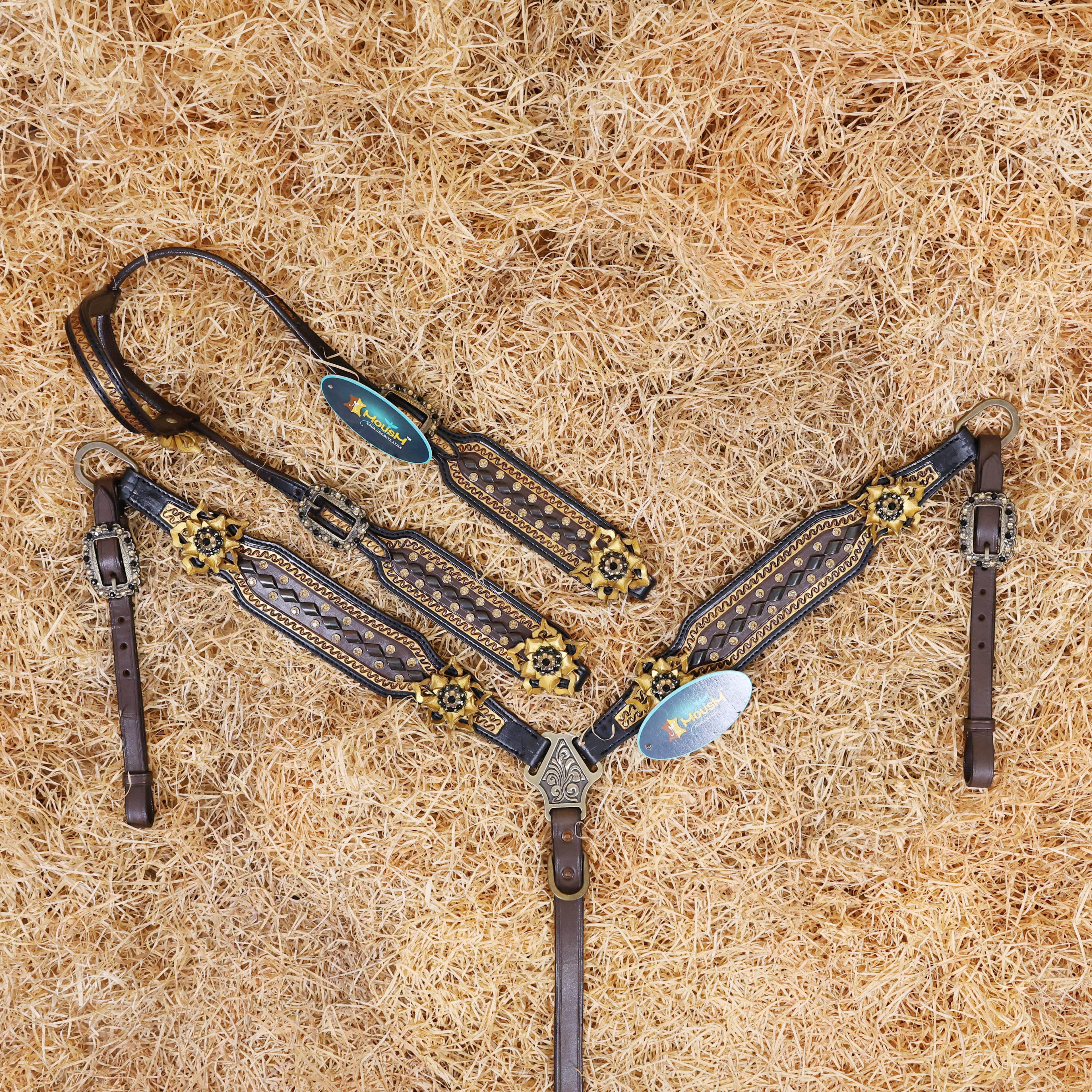 MOUSM Argentina Cow Leather Headstall & Breast Collar Set – Western Horse Bridle Set Decorated with Golden Flowers and Topaz Stones with Geometrical Tooling