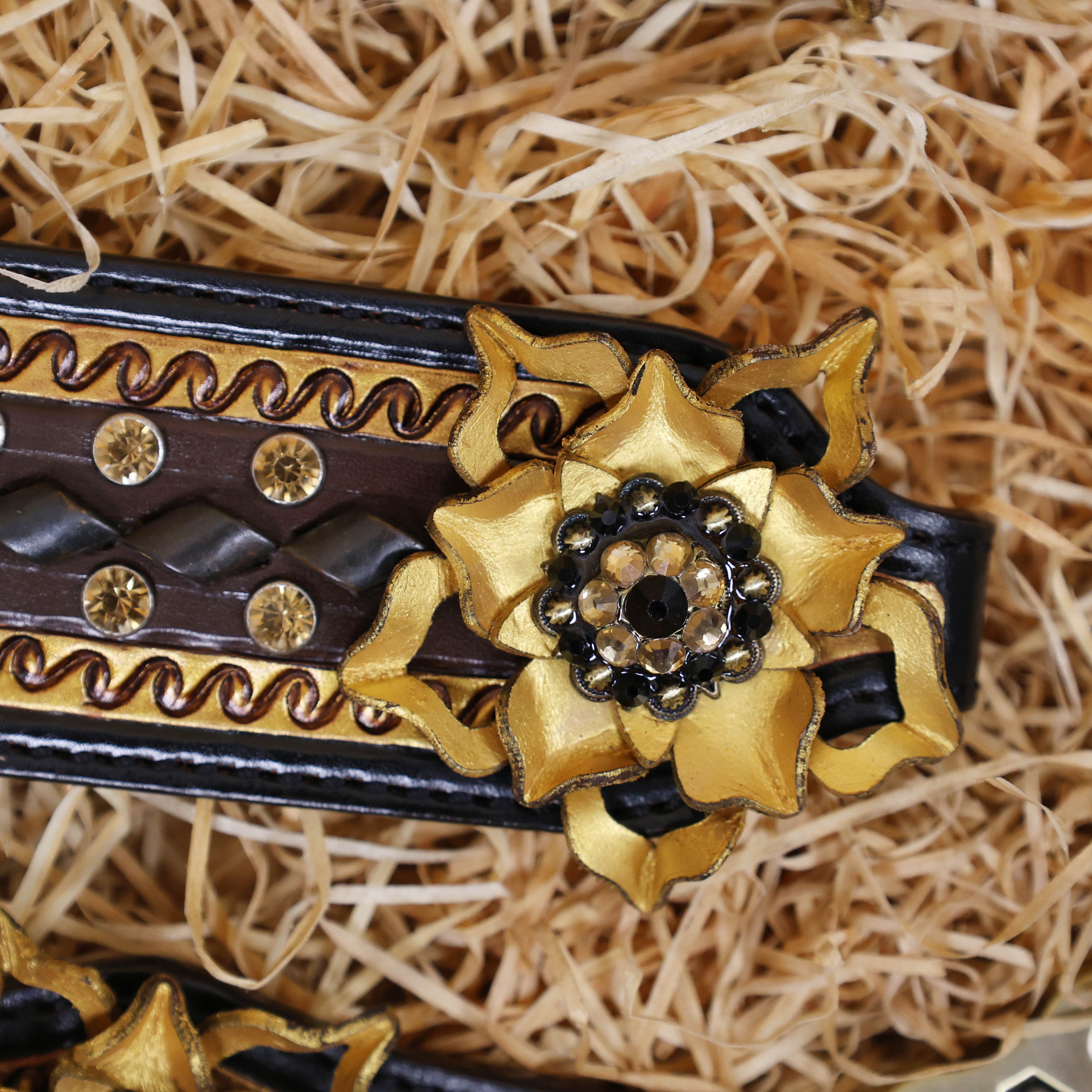 MOUSM Argentina Cow Leather Headstall & Breast Collar Set – Western Horse Bridle Set Decorated with Golden Flowers and Topaz Stones with Geometrical Tooling