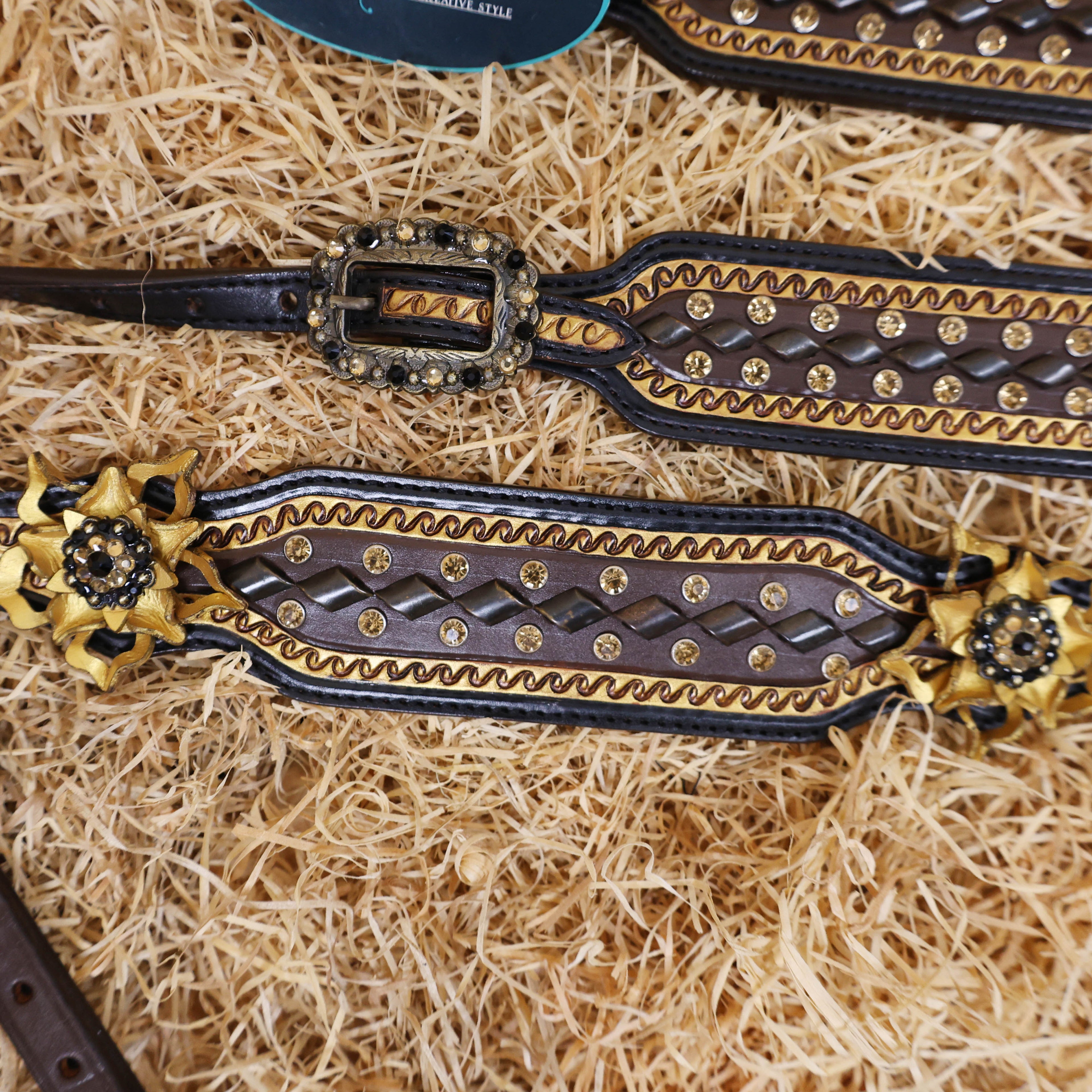 MOUSM Argentina Cow Leather Headstall & Breast Collar Set – Western Horse Bridle Set Decorated with Golden Flowers and Topaz Stones with Geometrical Tooling