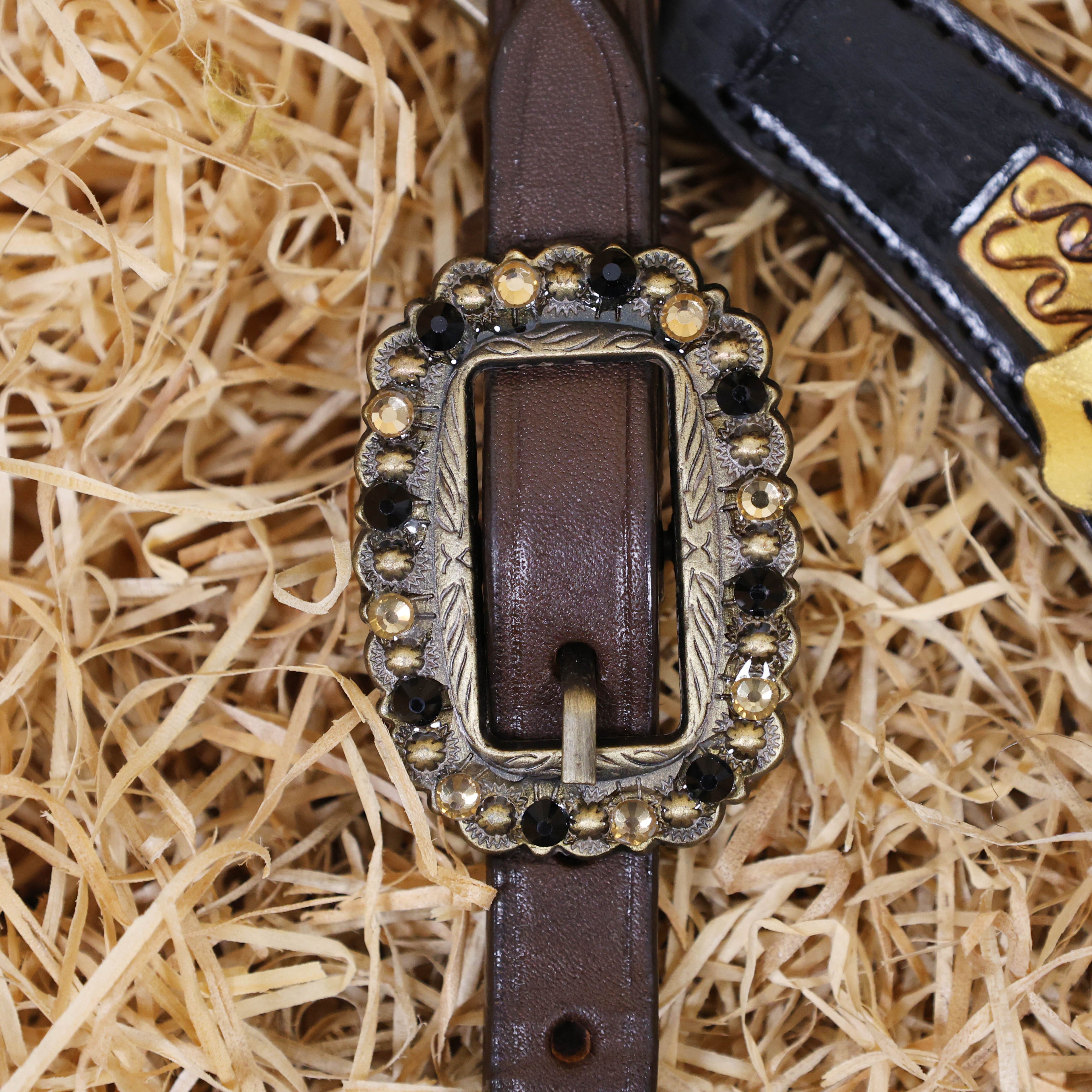 MOUSM Argentina Cow Leather Headstall & Breast Collar Set – Western Horse Bridle Set Decorated with Golden Flowers and Topaz Stones with Geometrical Tooling