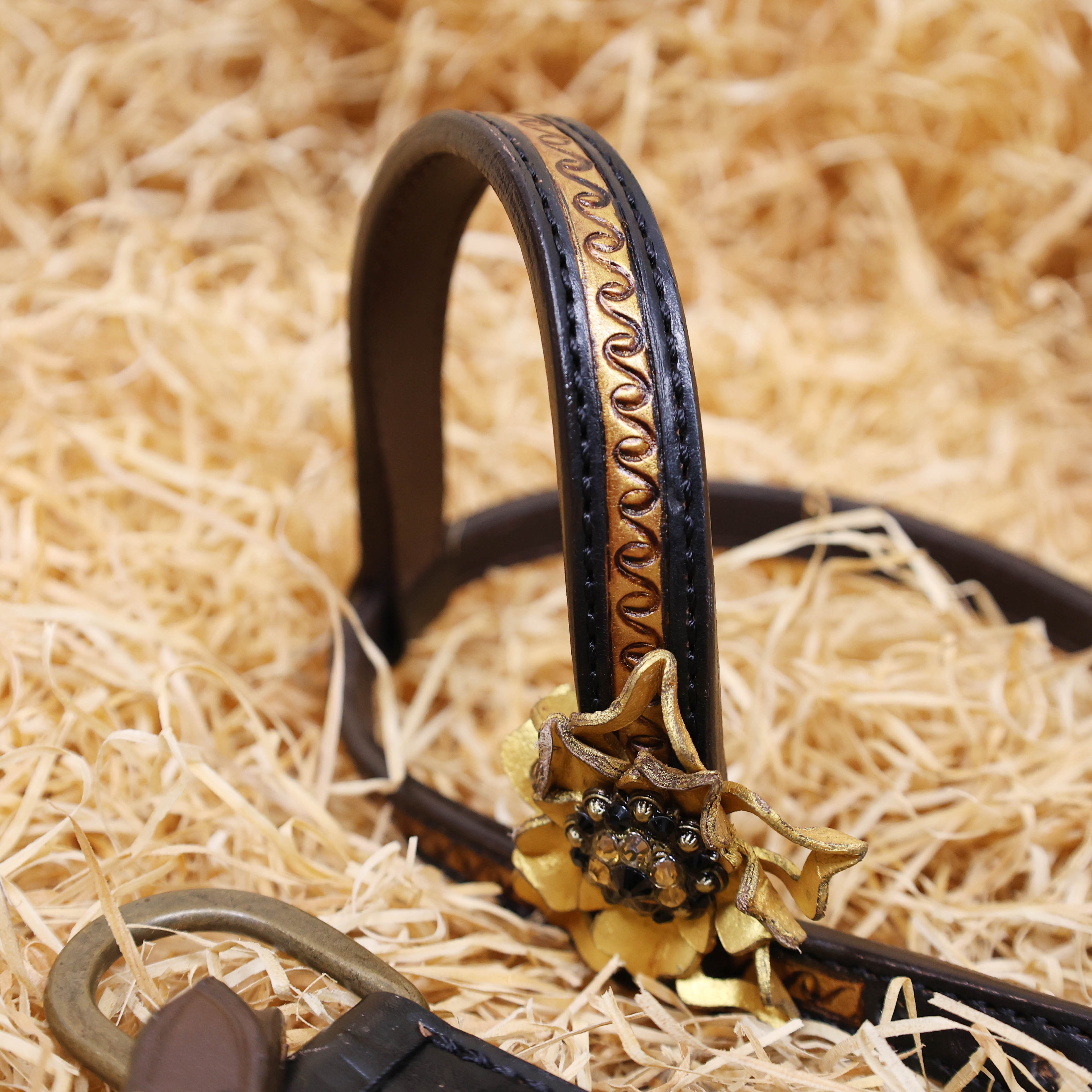 MOUSM Argentina Cow Leather Headstall & Breast Collar Set – Western Horse Bridle Set Decorated with Golden Flowers and Topaz Stones with Geometrical Tooling