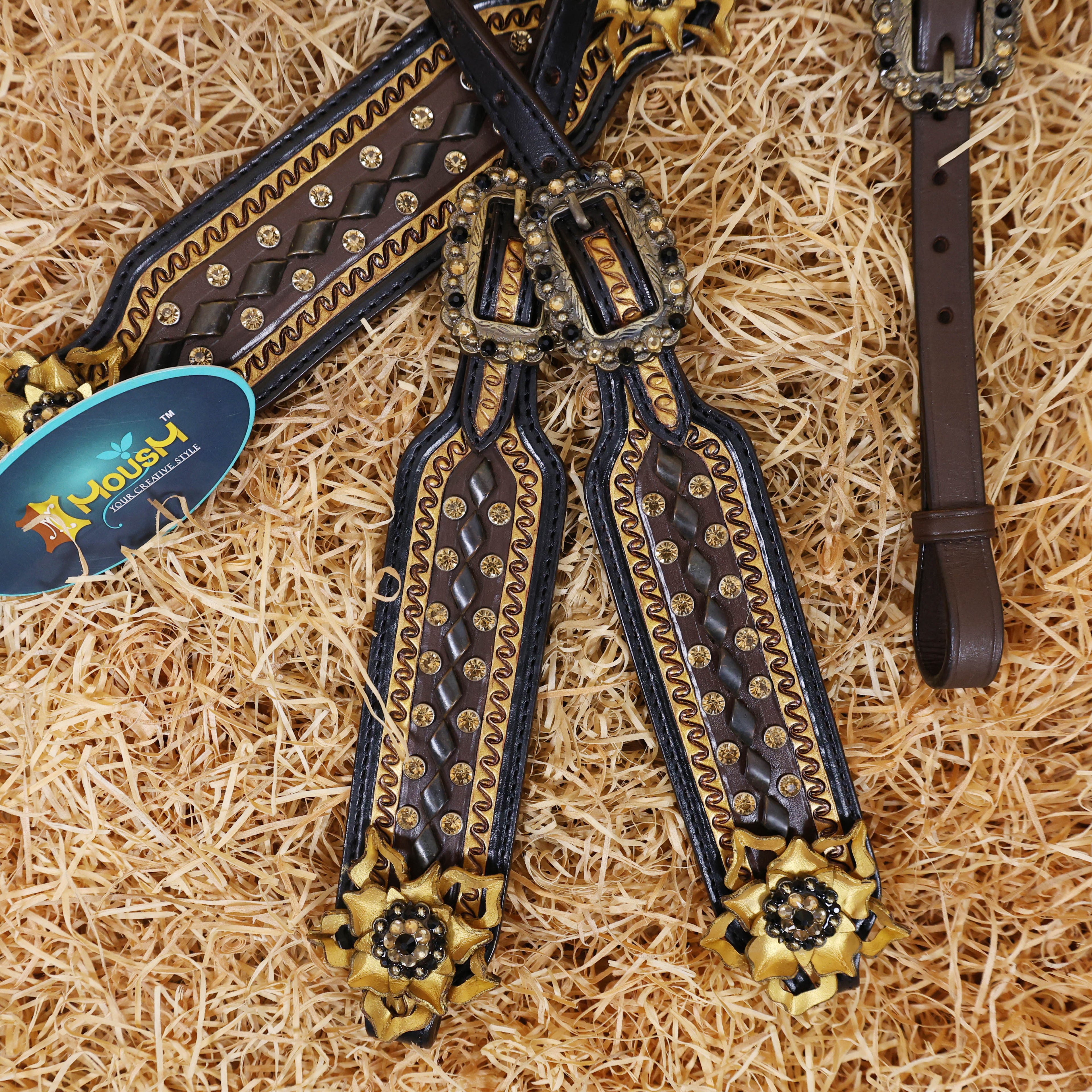 MOUSM Argentina Cow Leather Headstall & Breast Collar Set – Western Horse Bridle Set Decorated with Golden Flowers and Topaz Stones with Geometrical Tooling
