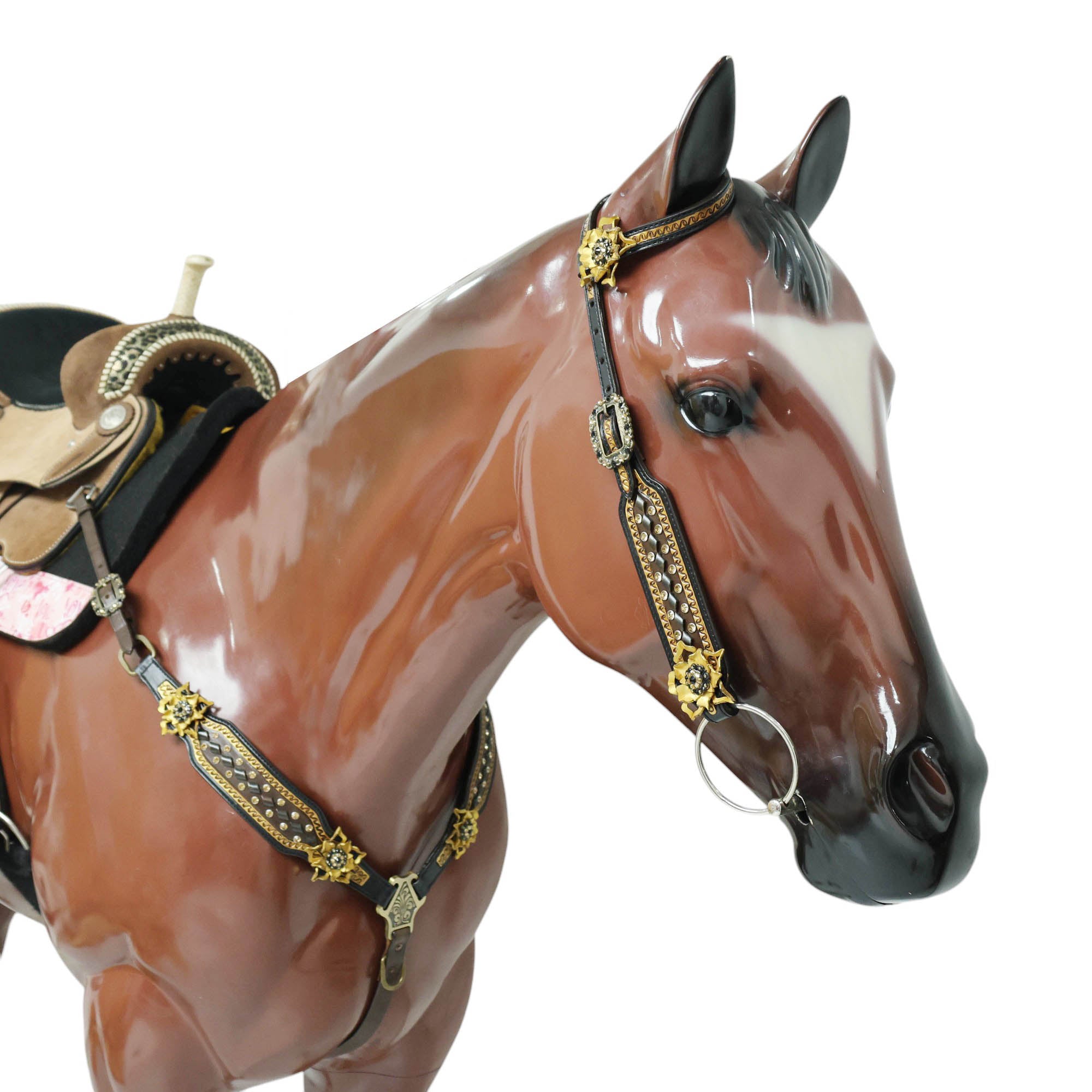 MOUSM Argentina Cow Leather Headstall & Breast Collar Set – Western Horse Bridle Set Decorated with Golden Flowers and Topaz Stones with Geometrical Tooling