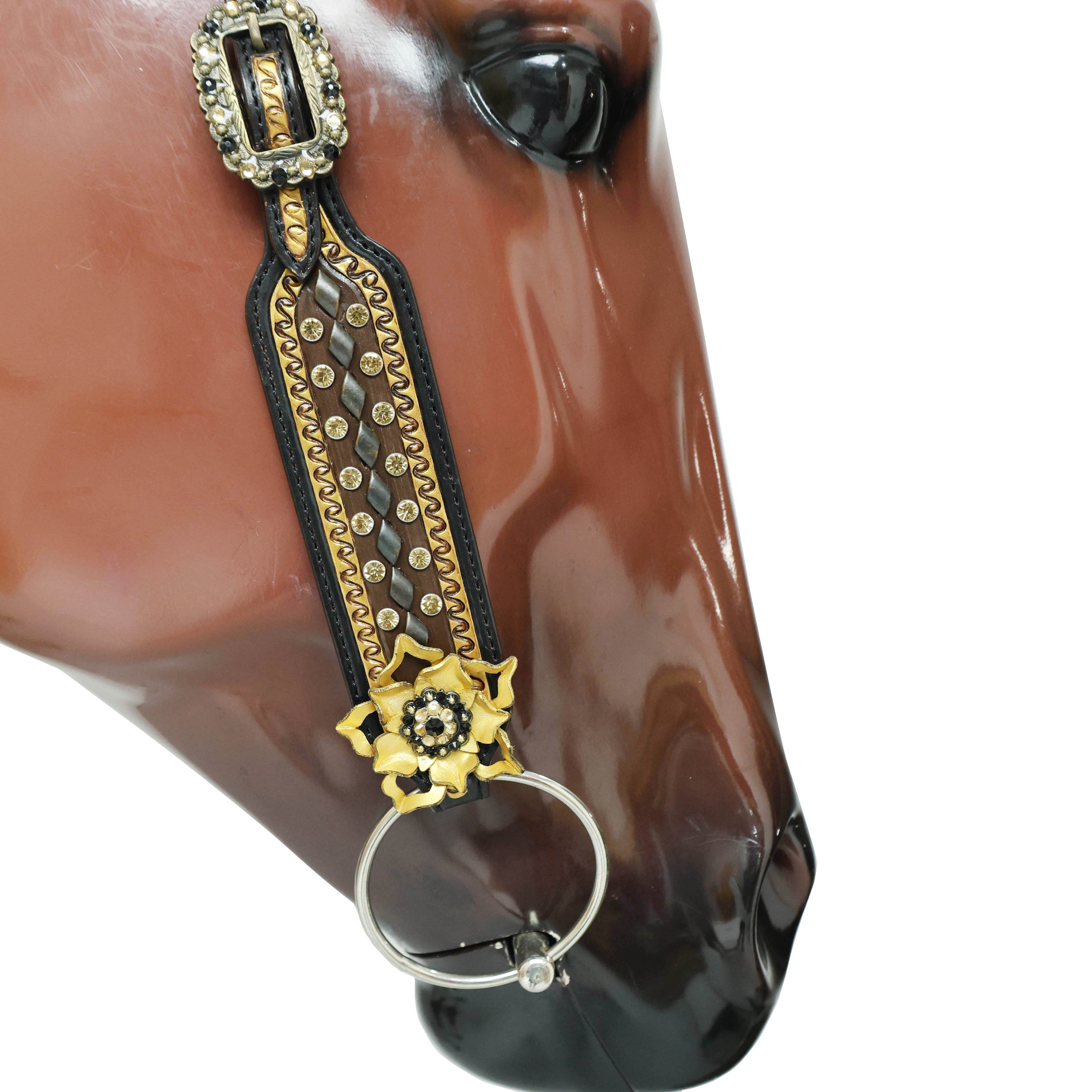 MOUSM Argentina Cow Leather Headstall & Breast Collar Set – Western Horse Bridle Set Decorated with Golden Flowers and Topaz Stones with Geometrical Tooling