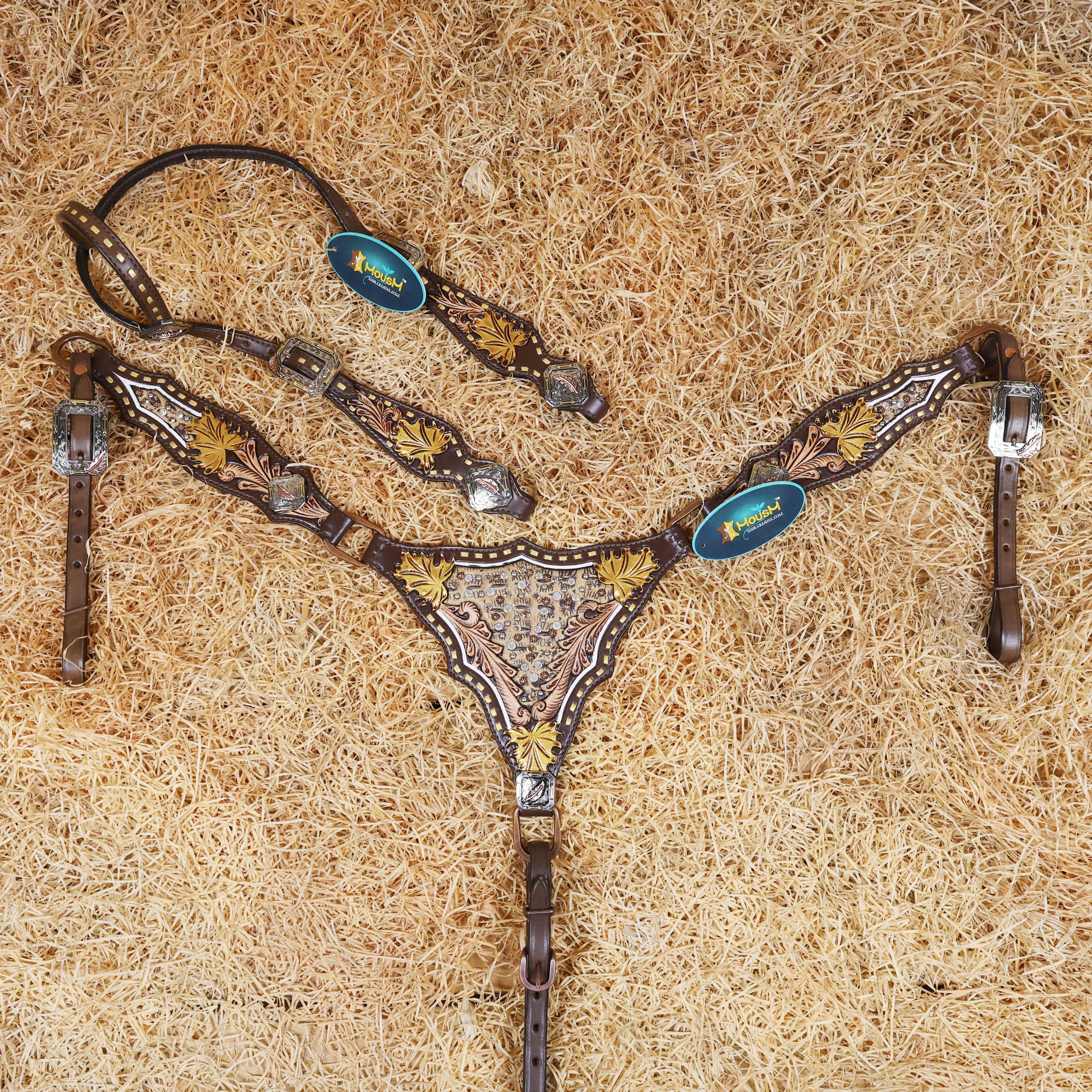 MOUSM Argentina Cow Leather Headstall & Breast Collar Set – Western Bridle with Hand-Carved Golden Oak Leaf Overlay, Copper & Brass Hardware
