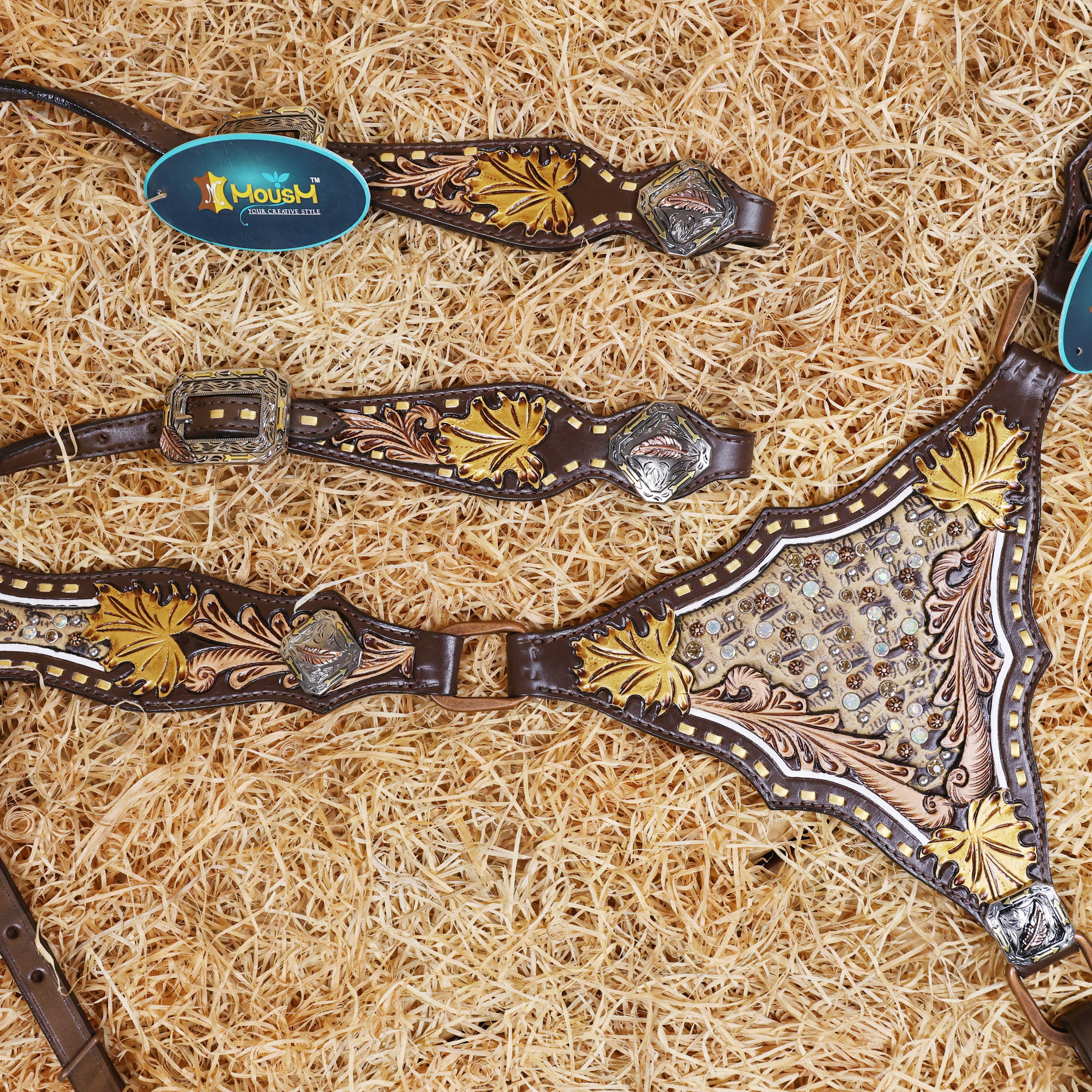 MOUSM Argentina Cow Leather Headstall & Breast Collar Set – Western Bridle with Hand-Carved Golden Oak Leaf Overlay, Copper & Brass Hardware