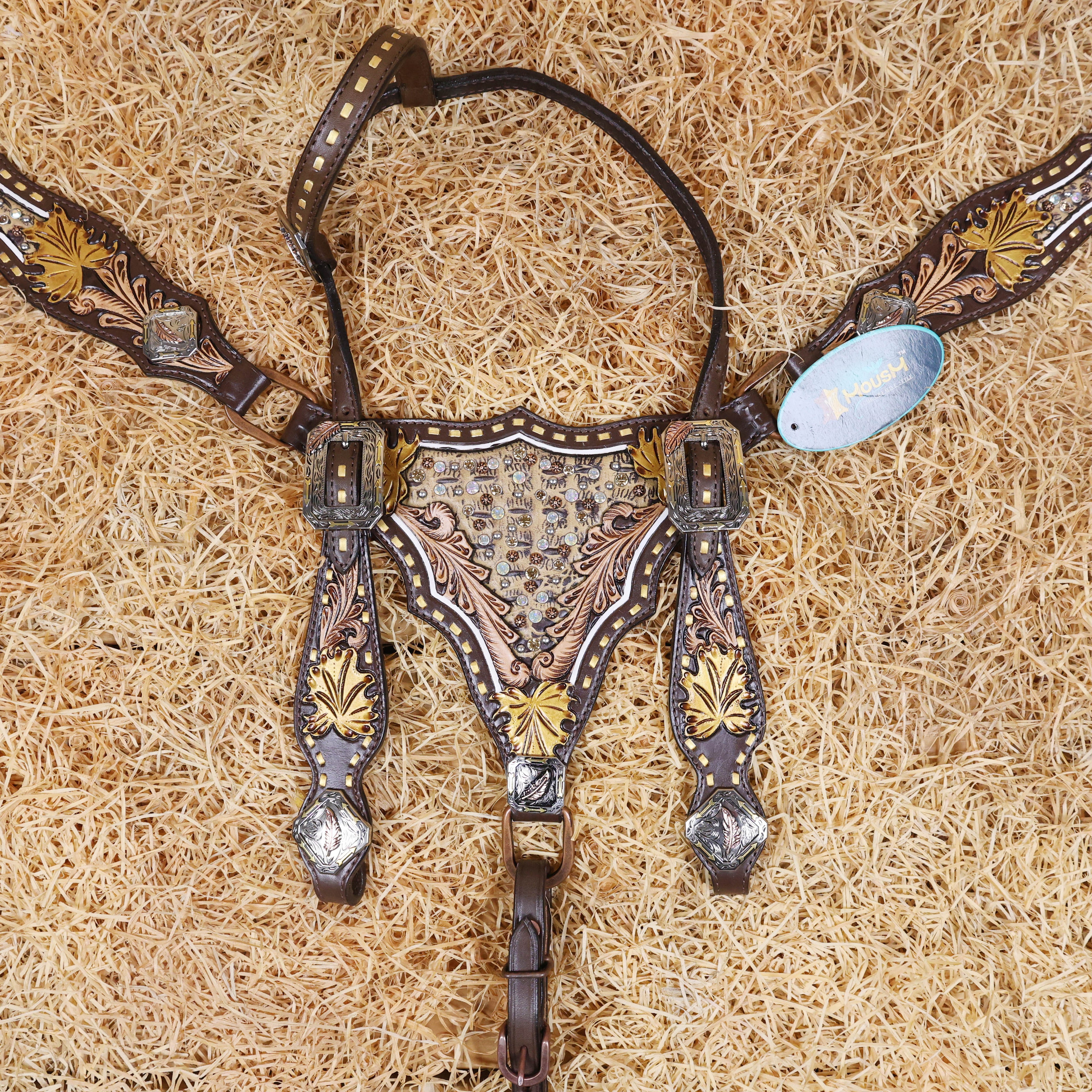 MOUSM Argentina Cow Leather Headstall & Breast Collar Set – Western Bridle with Hand-Carved Golden Oak Leaf Overlay, Copper & Brass Hardware