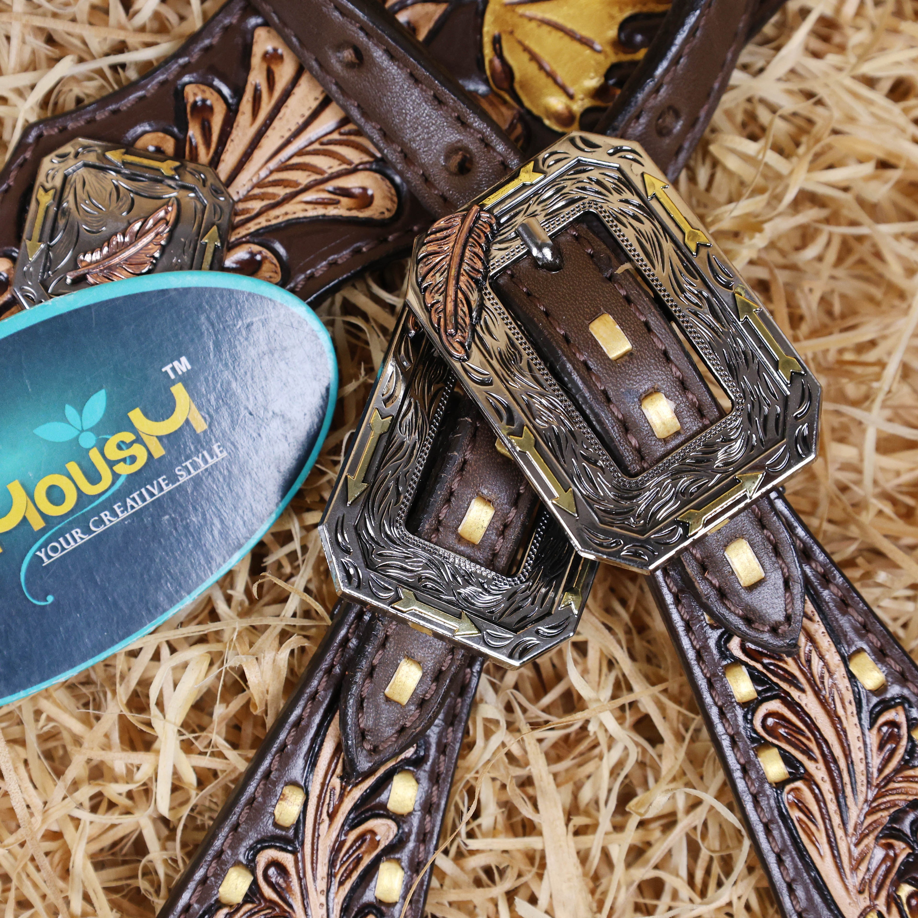 MOUSM Argentina Cow Leather Headstall & Breast Collar Set – Western Bridle with Hand-Carved Golden Oak Leaf Overlay, Copper & Brass Hardware