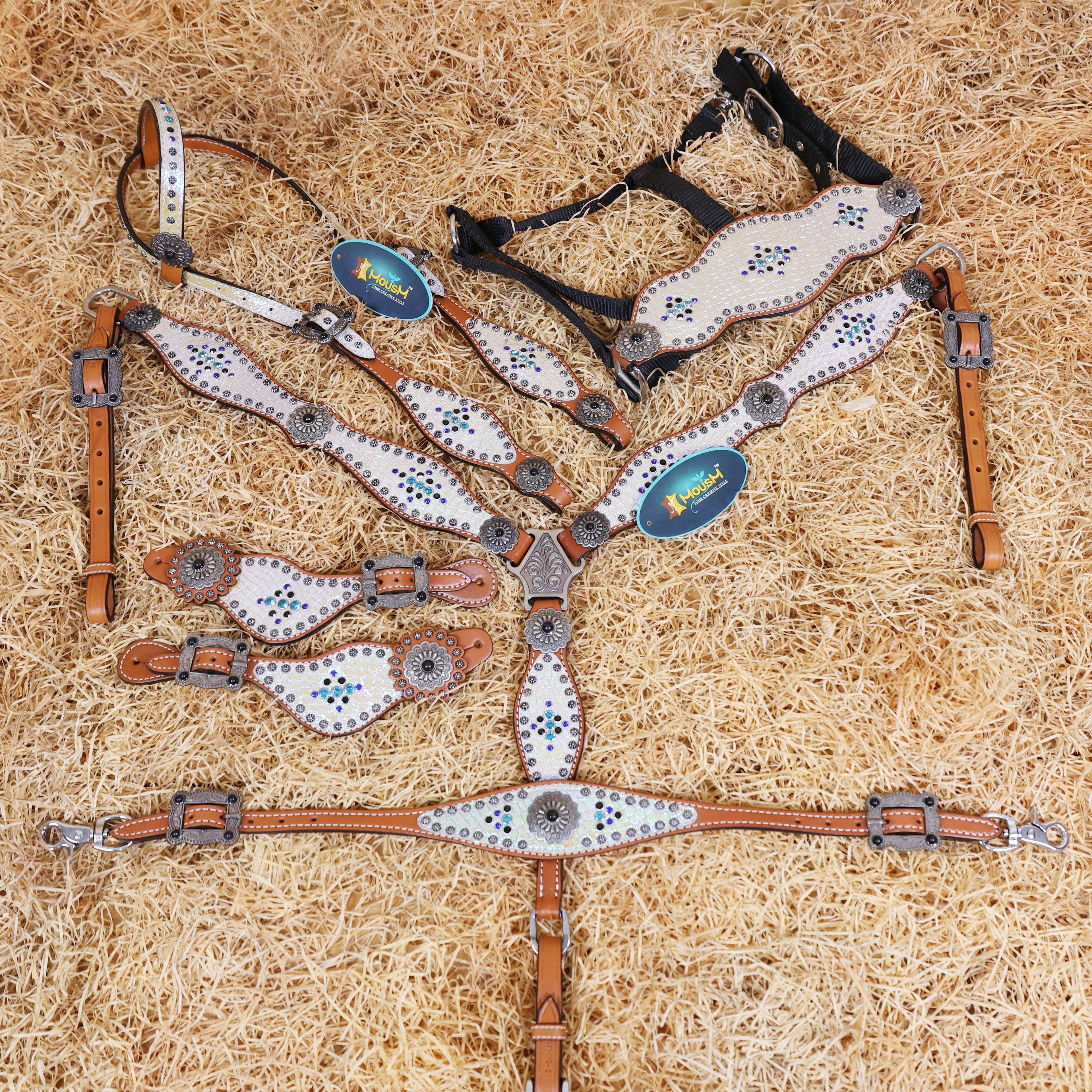 MOUSM Argentina Cow Leather Headstall and Breast Collar Set – Western Horse Tack with Holographic Silver Alligator Overlay Surrounded with Steel Beads