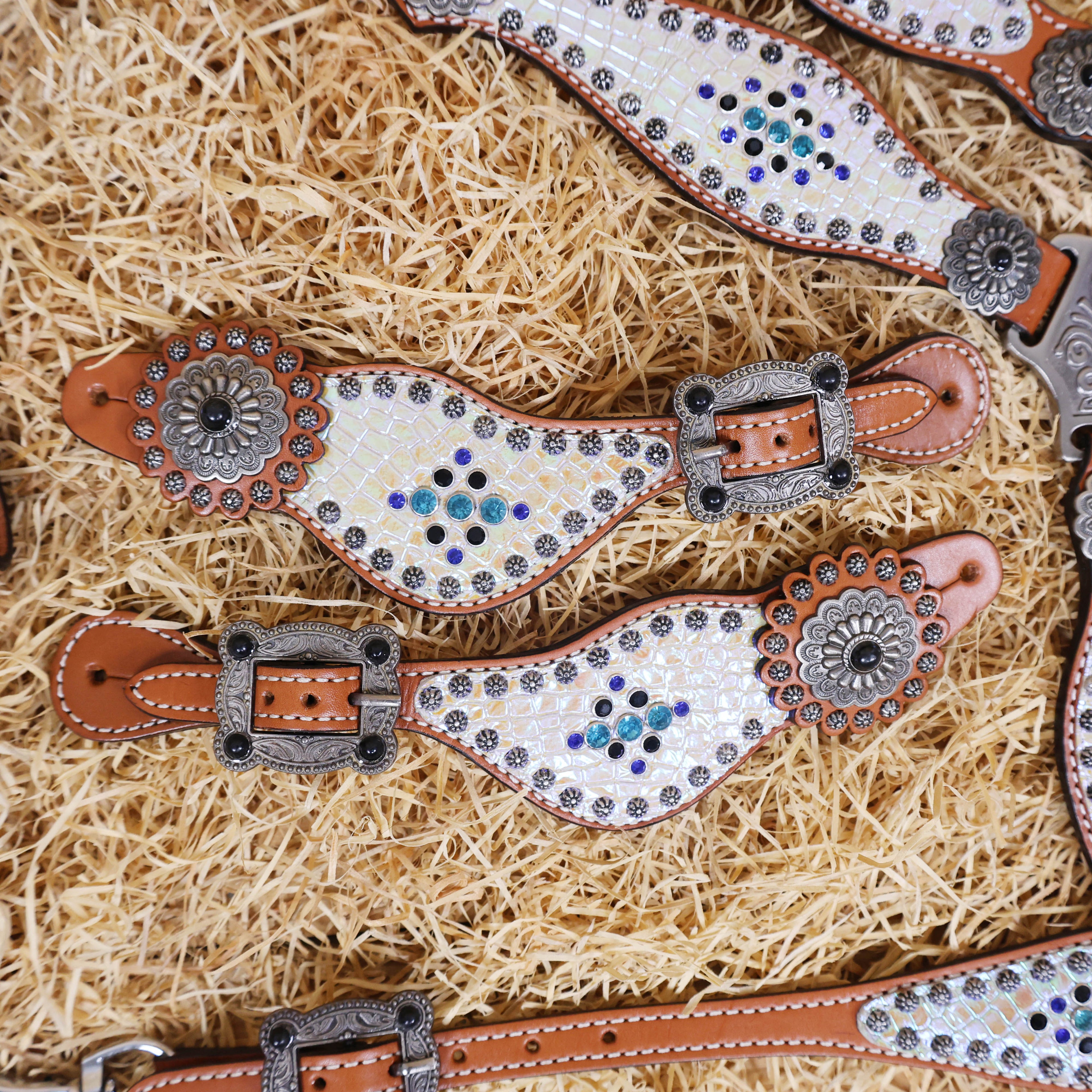 MOUSM Argentina Cow Leather Headstall and Breast Collar Set – Western Horse Tack with Holographic Silver Alligator Overlay Surrounded with Steel Beads