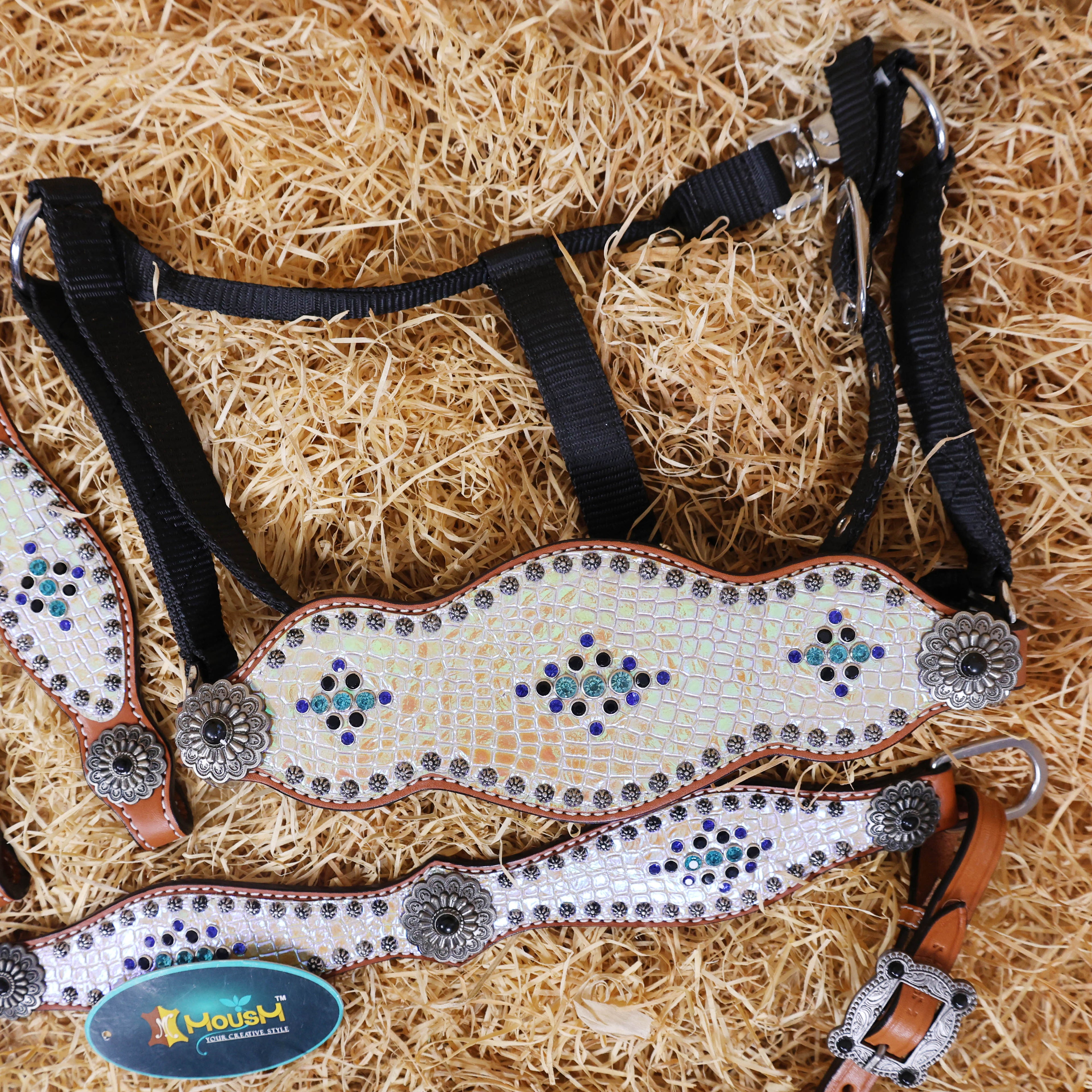 MOUSM Argentina Cow Leather Headstall and Breast Collar Set – Western Horse Tack with Holographic Silver Alligator Overlay Surrounded with Steel Beads