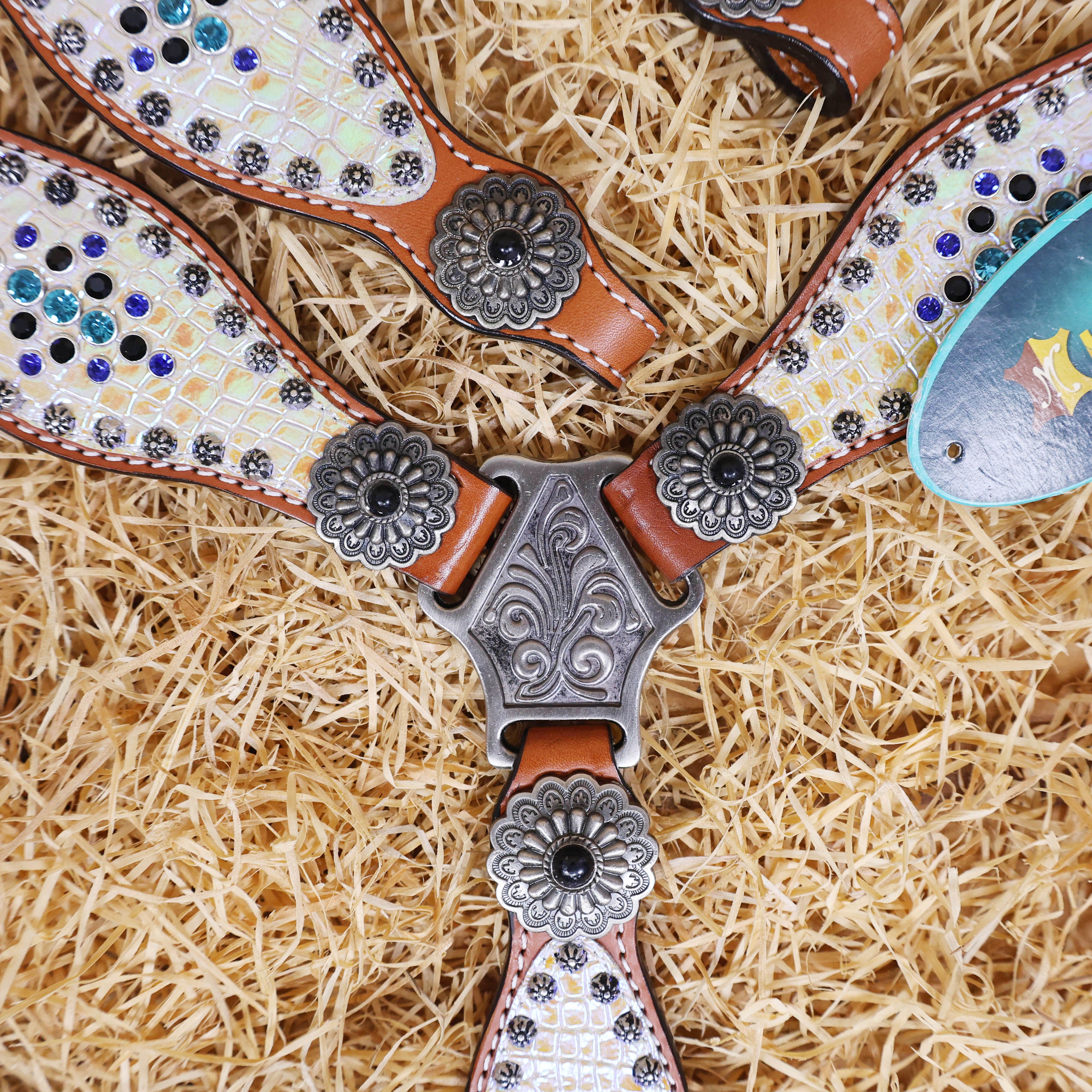 MOUSM Argentina Cow Leather Headstall and Breast Collar Set – Western Horse Tack with Holographic Silver Alligator Overlay Surrounded with Steel Beads