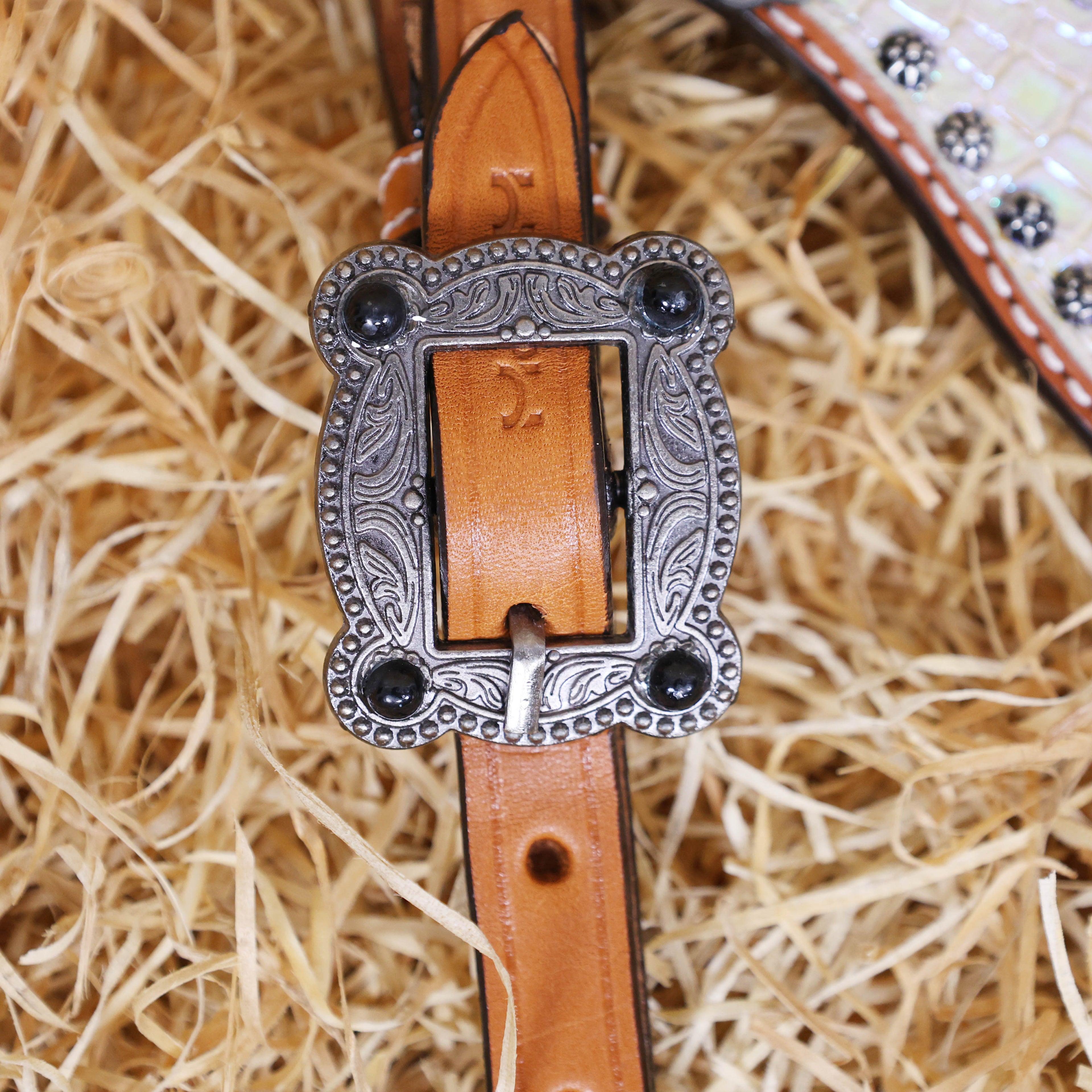 MOUSM Argentina Cow Leather Headstall and Breast Collar Set – Western Horse Tack with Holographic Silver Alligator Overlay Surrounded with Steel Beads