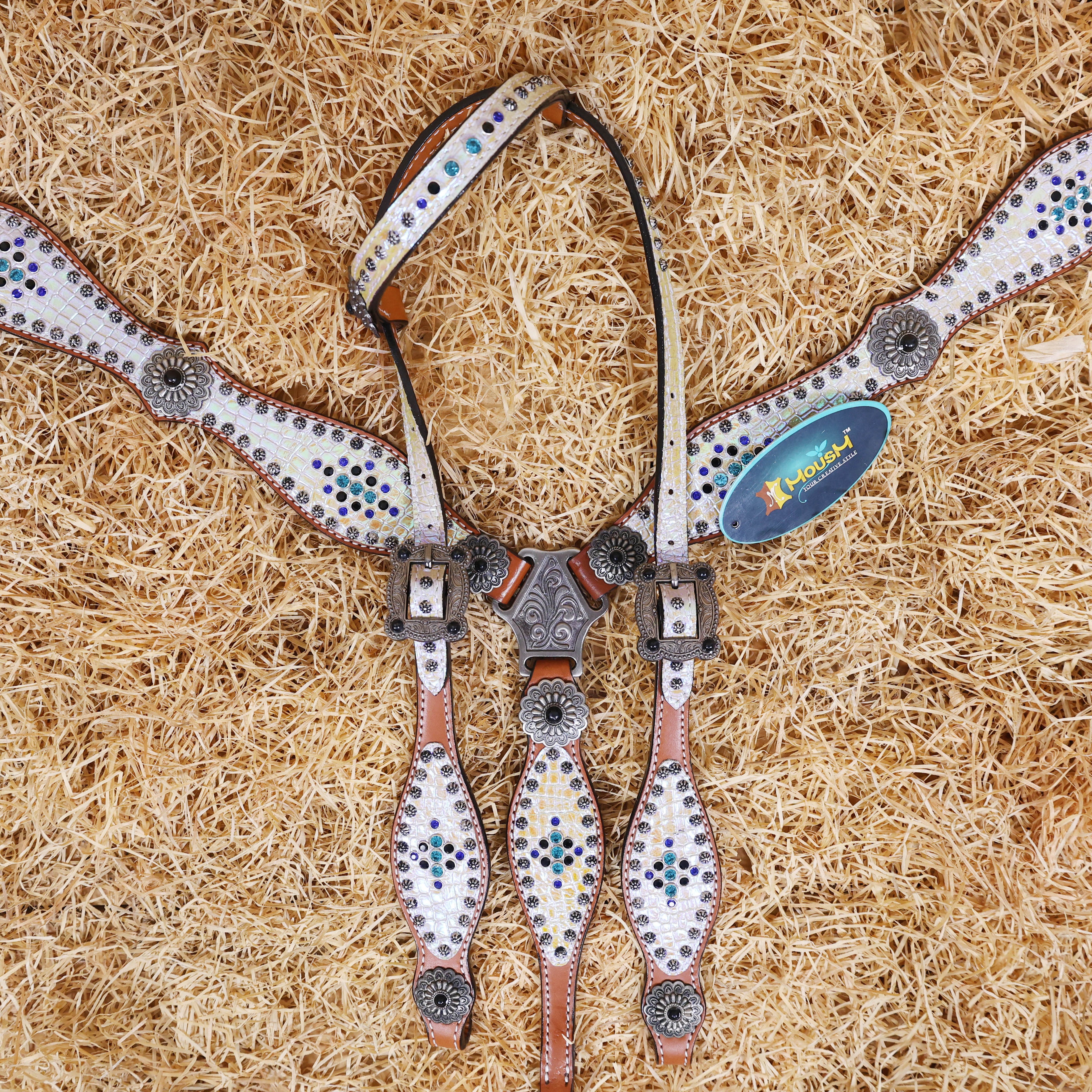 MOUSM Argentina Cow Leather Headstall and Breast Collar Set – Western Horse Tack with Holographic Silver Alligator Overlay Surrounded with Steel Beads