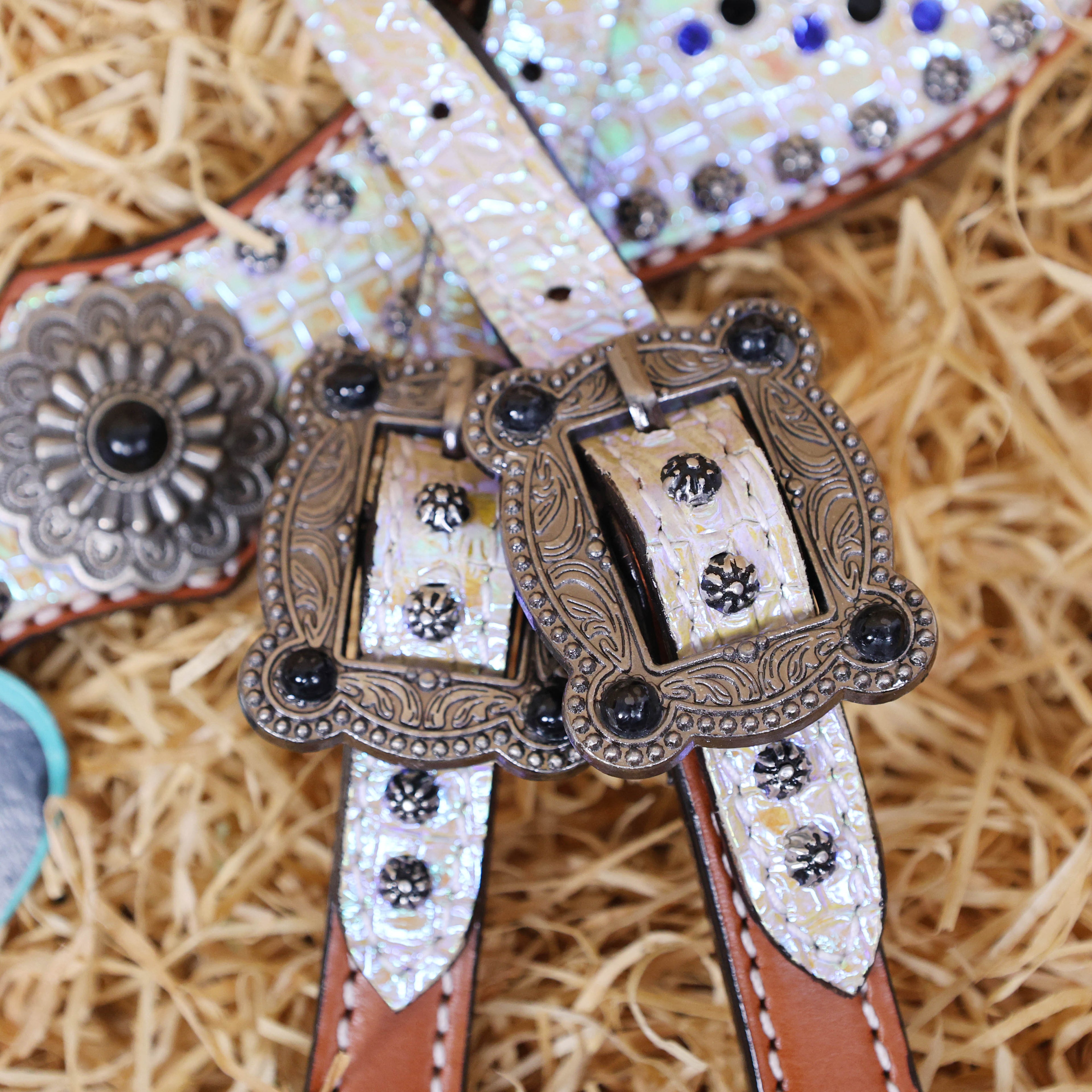MOUSM Argentina Cow Leather Headstall and Breast Collar Set – Western Horse Tack with Holographic Silver Alligator Overlay Surrounded with Steel Beads
