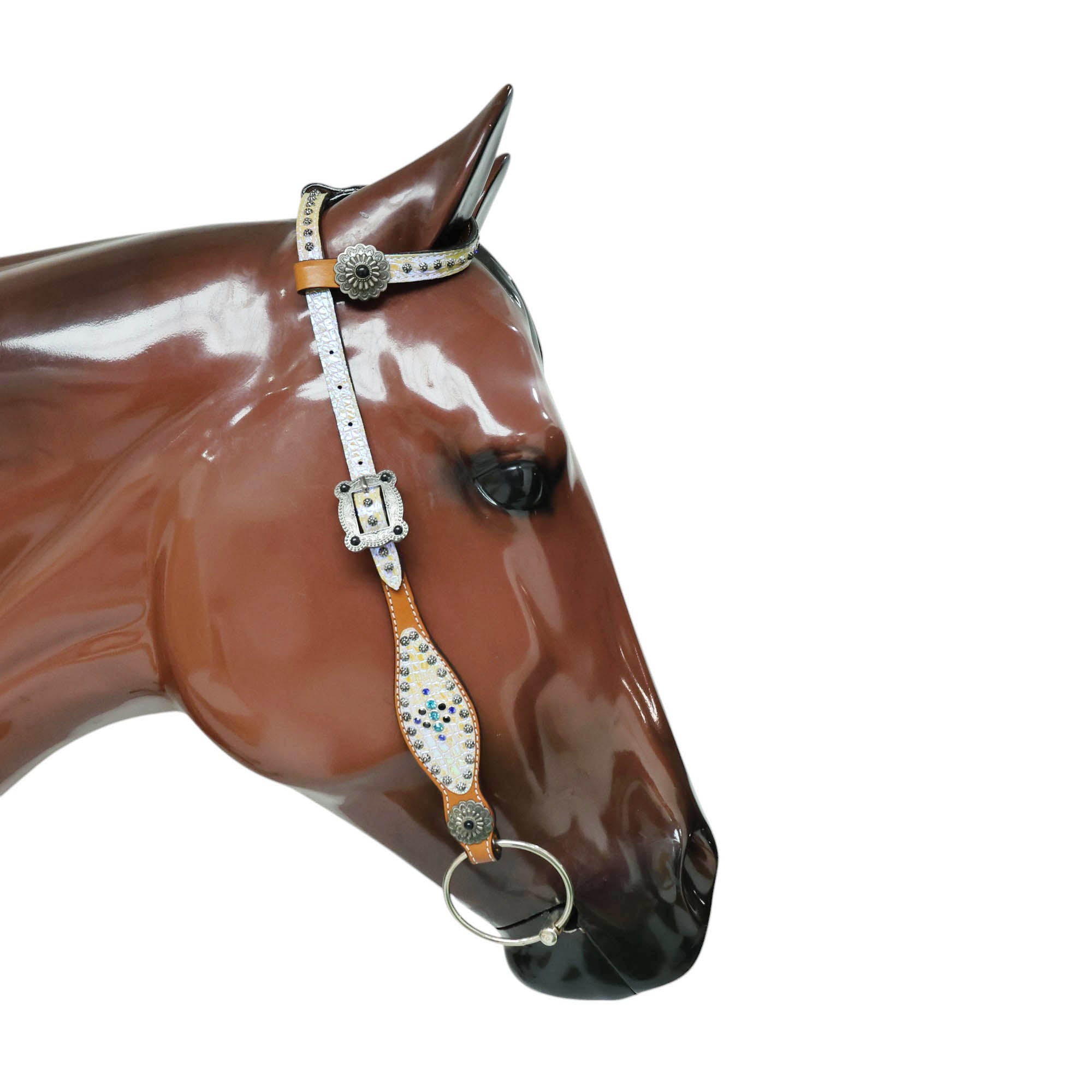 MOUSM Argentina Cow Leather Headstall and Breast Collar Set – Western Horse Tack with Holographic Silver Alligator Overlay Surrounded with Steel Beads