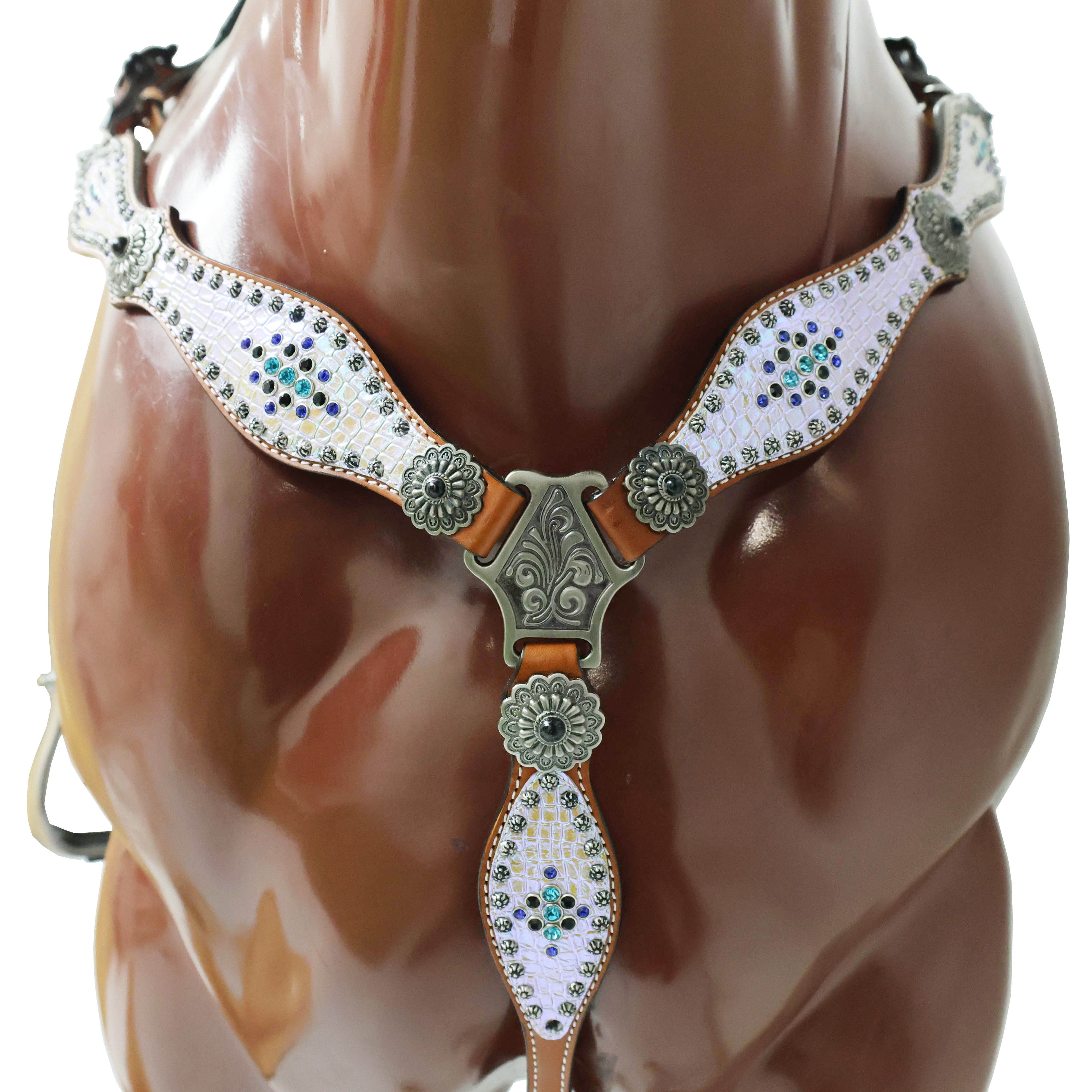 MOUSM Argentina Cow Leather Headstall and Breast Collar Set – Western Horse Tack with Holographic Silver Alligator Overlay Surrounded with Steel Beads