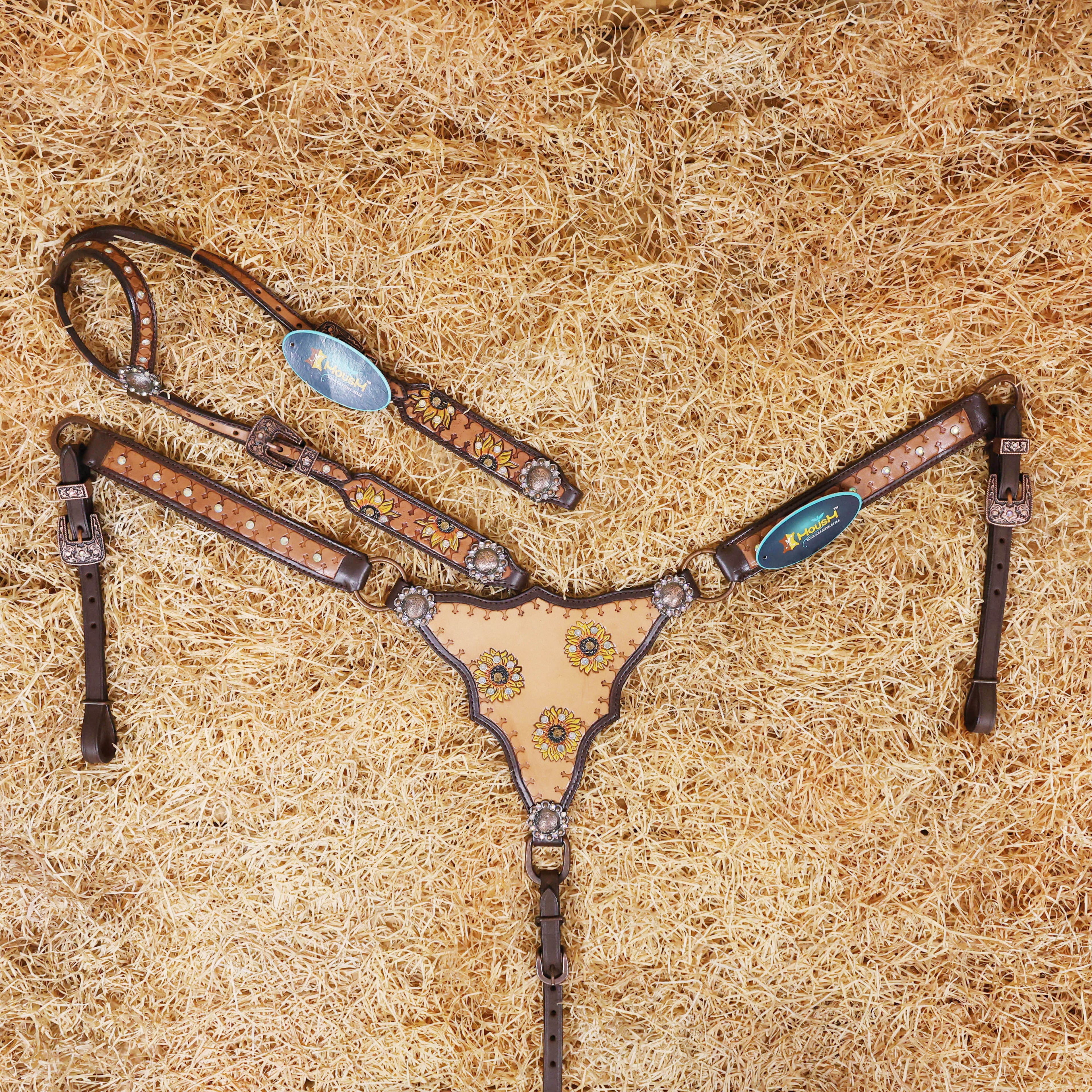 MOUSM Argentina Cow Leather Headstall & Breast Collar Set – Western Bridle Set Decorated with Sunflower Carving and Geometrical Tooling with Multicolor Stone Overlay