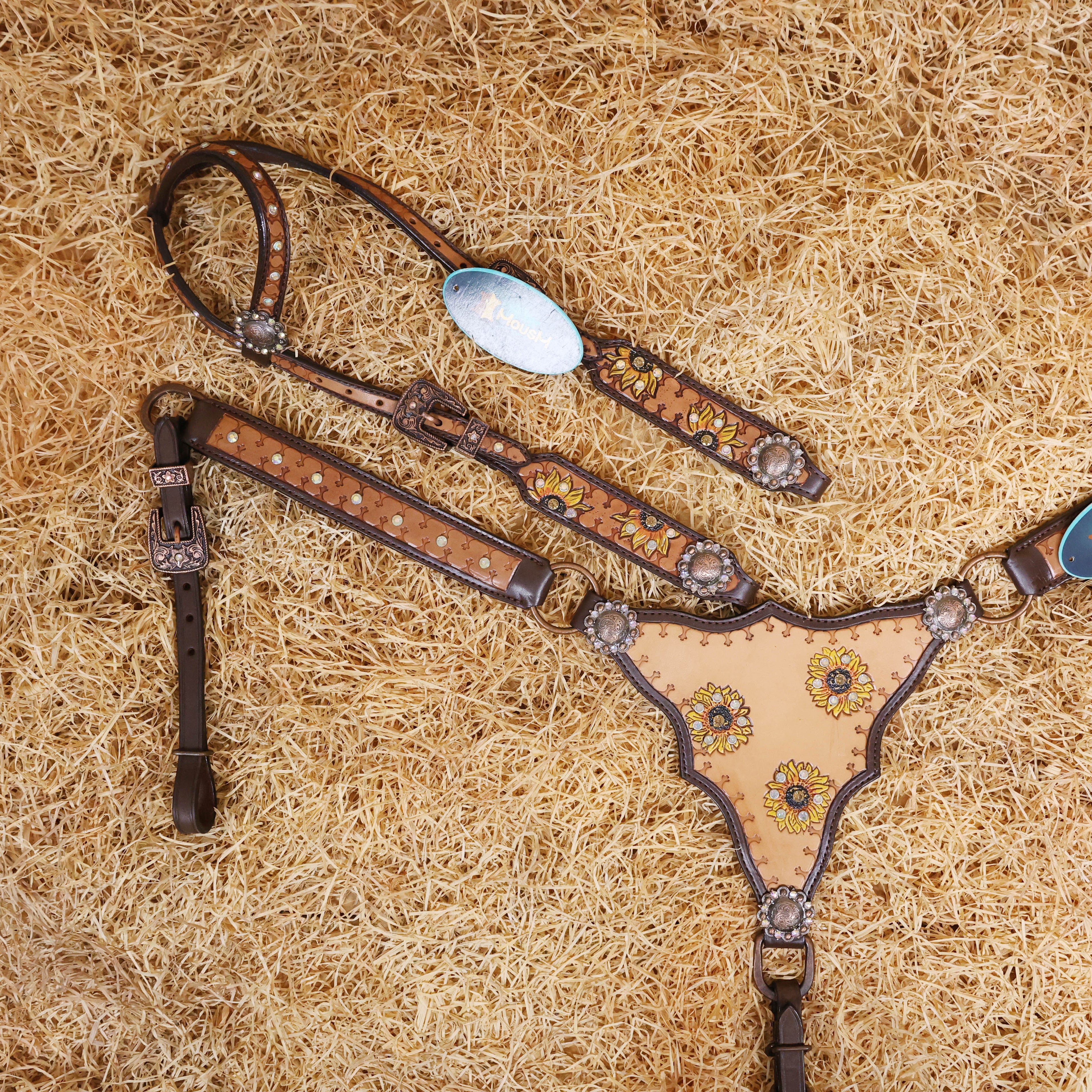 MOUSM Argentina Cow Leather Headstall & Breast Collar Set – Western Bridle Set Decorated with Sunflower Carving and Geometrical Tooling with Multicolor Stone Overlay
