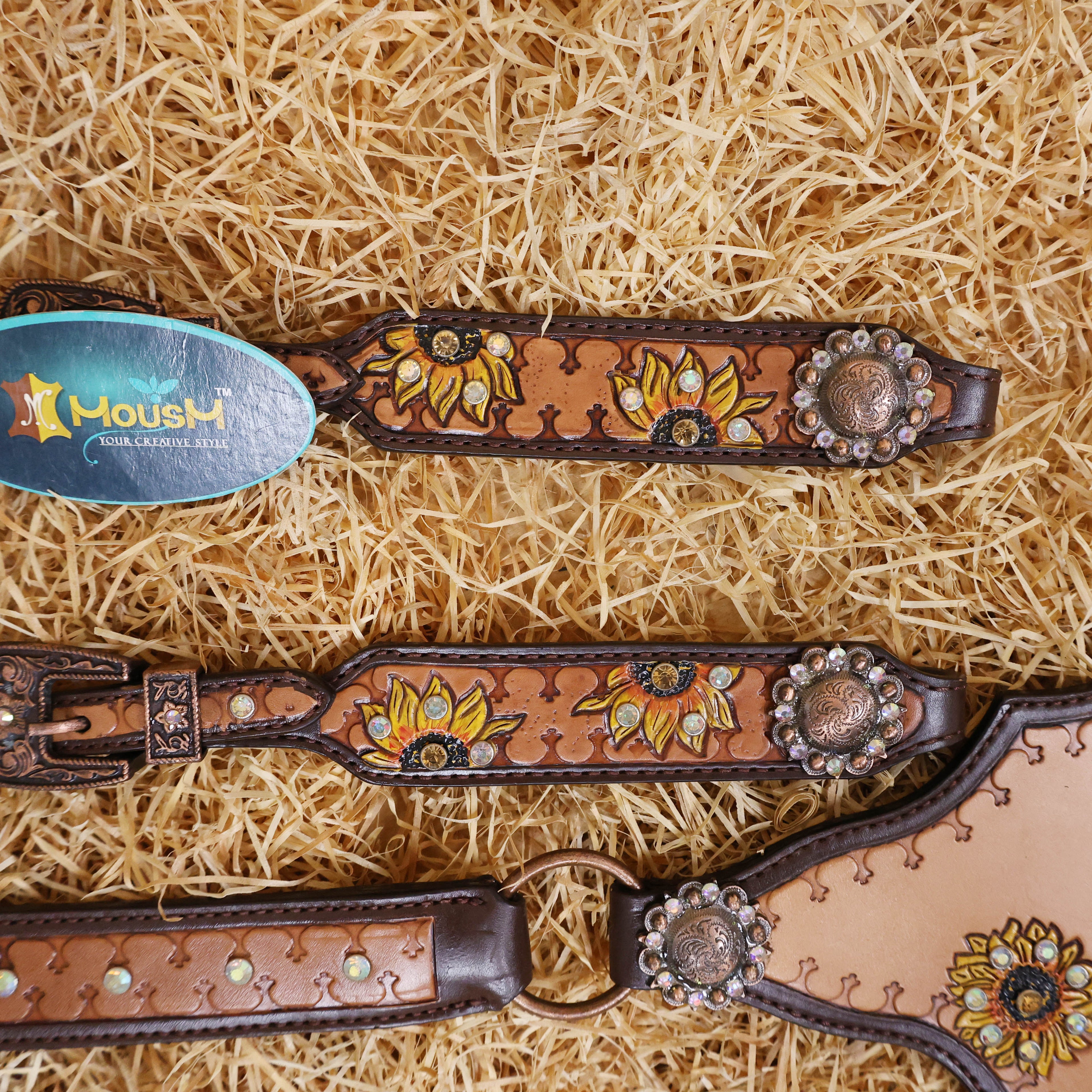 MOUSM Argentina Cow Leather Headstall & Breast Collar Set – Western Bridle Set Decorated with Sunflower Carving and Geometrical Tooling with Multicolor Stone Overlay