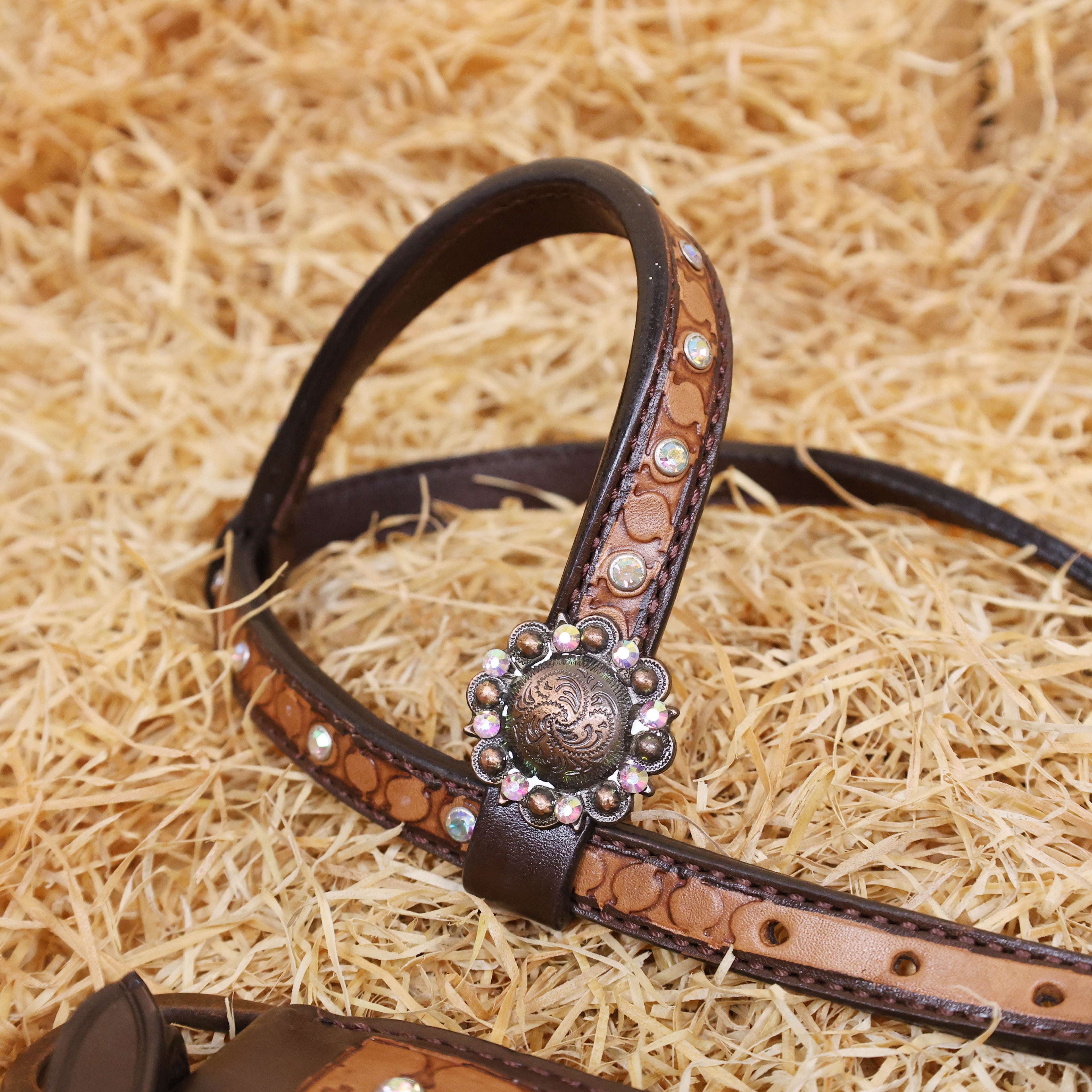 MOUSM Argentina Cow Leather Headstall & Breast Collar Set – Western Bridle Set Decorated with Sunflower Carving and Geometrical Tooling with Multicolor Stone Overlay