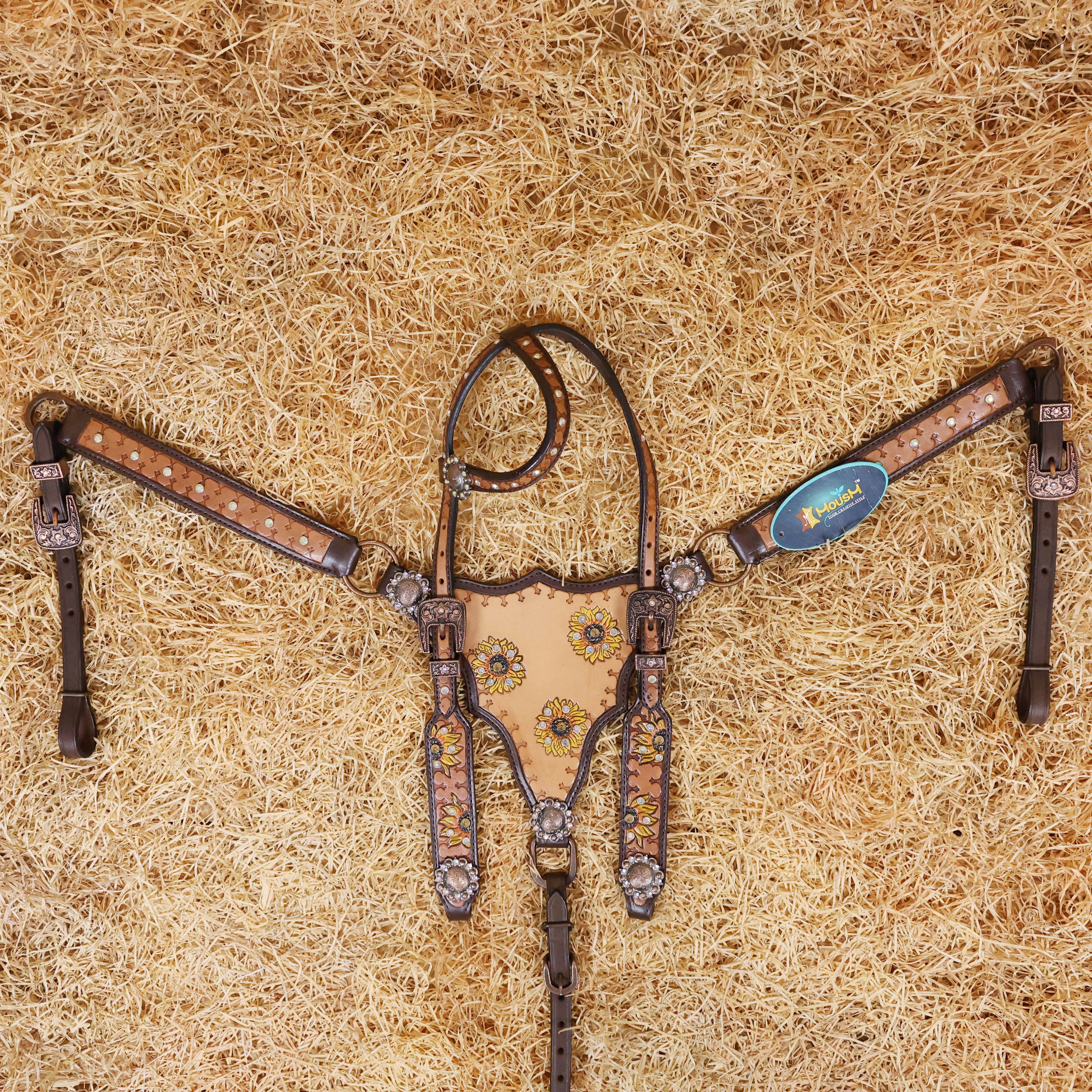 MOUSM Argentina Cow Leather Headstall & Breast Collar Set – Western Bridle Set Decorated with Sunflower Carving and Geometrical Tooling with Multicolor Stone Overlay