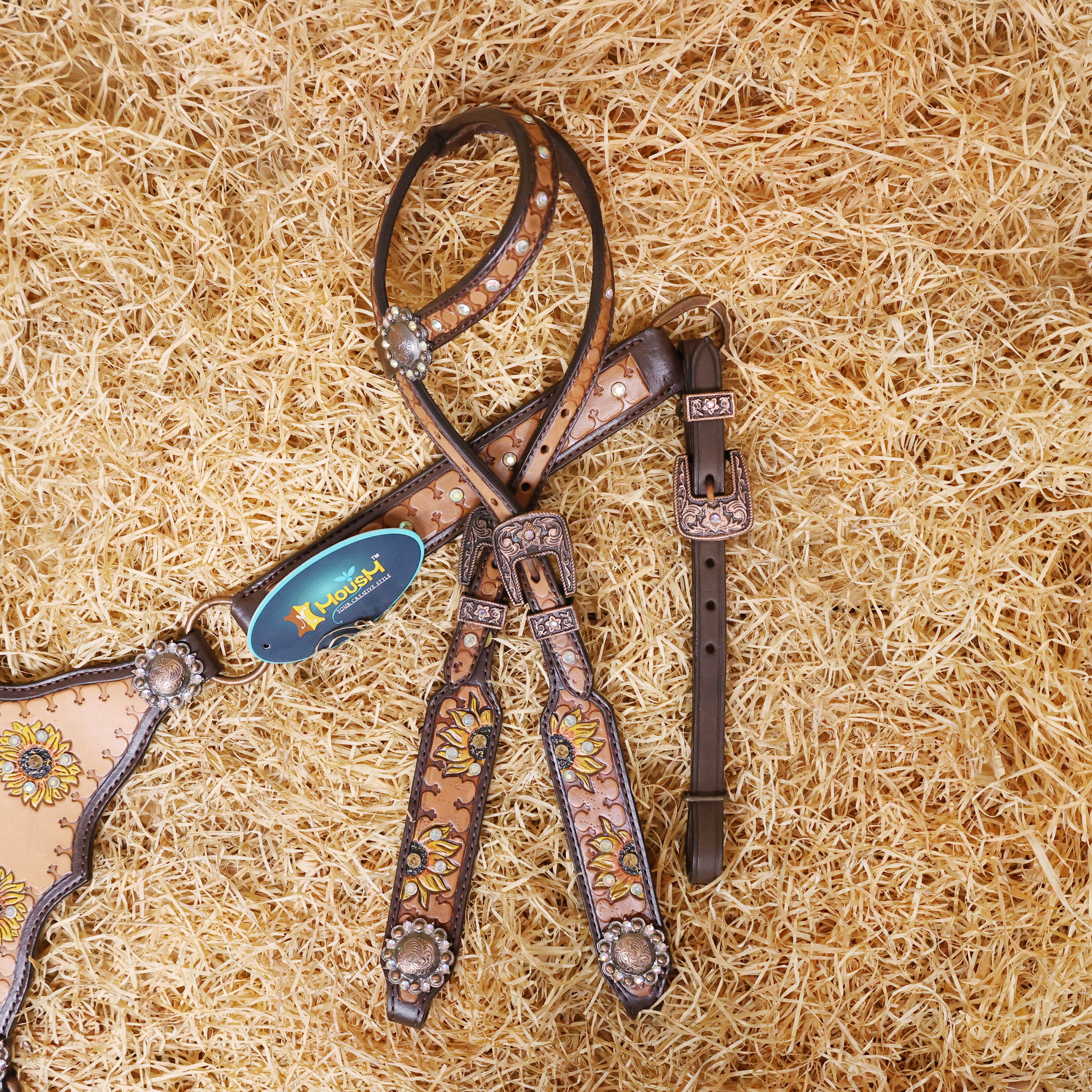 MOUSM Argentina Cow Leather Headstall & Breast Collar Set – Western Bridle Set Decorated with Sunflower Carving and Geometrical Tooling with Multicolor Stone Overlay