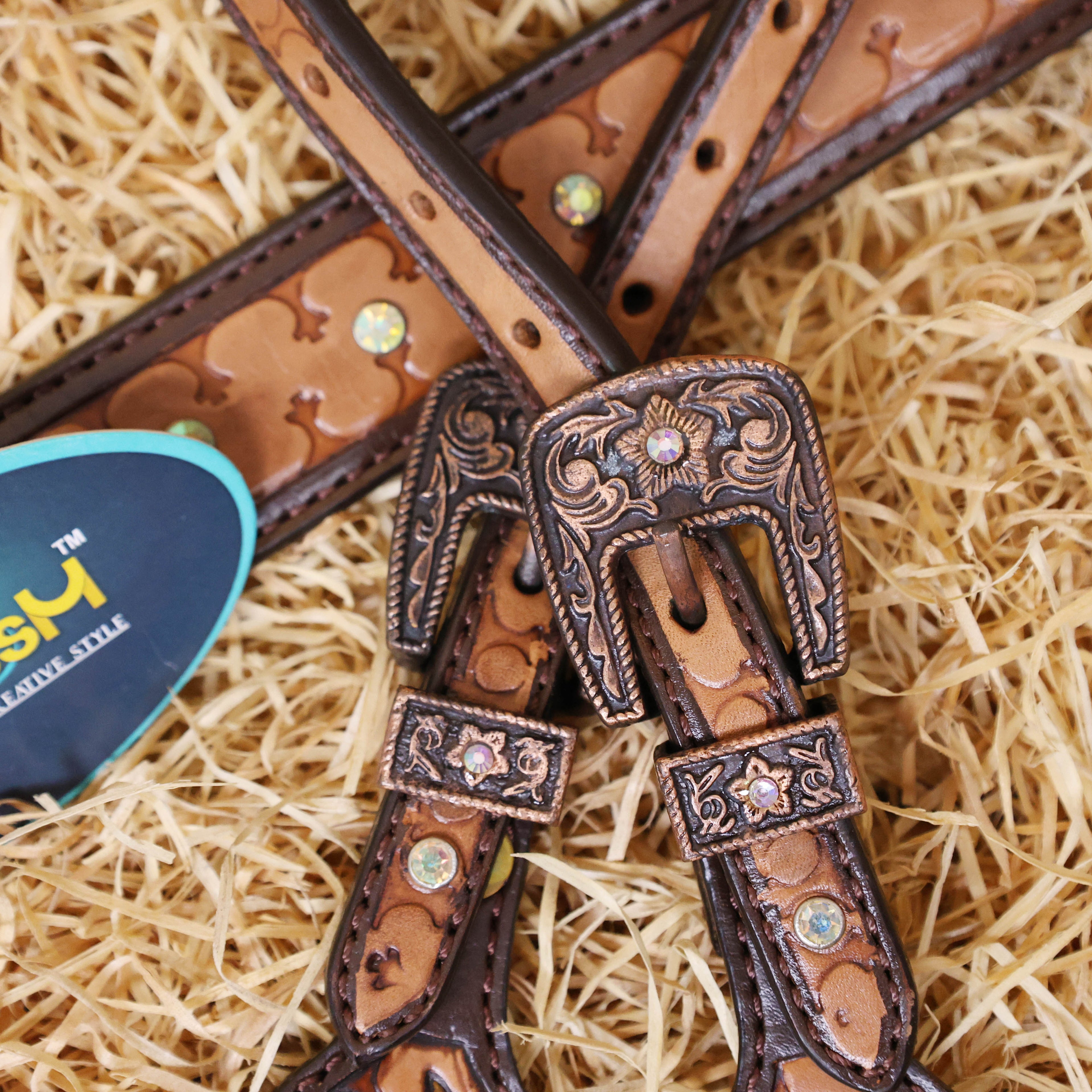 MOUSM Argentina Cow Leather Headstall & Breast Collar Set – Western Bridle Set Decorated with Sunflower Carving and Geometrical Tooling with Multicolor Stone Overlay