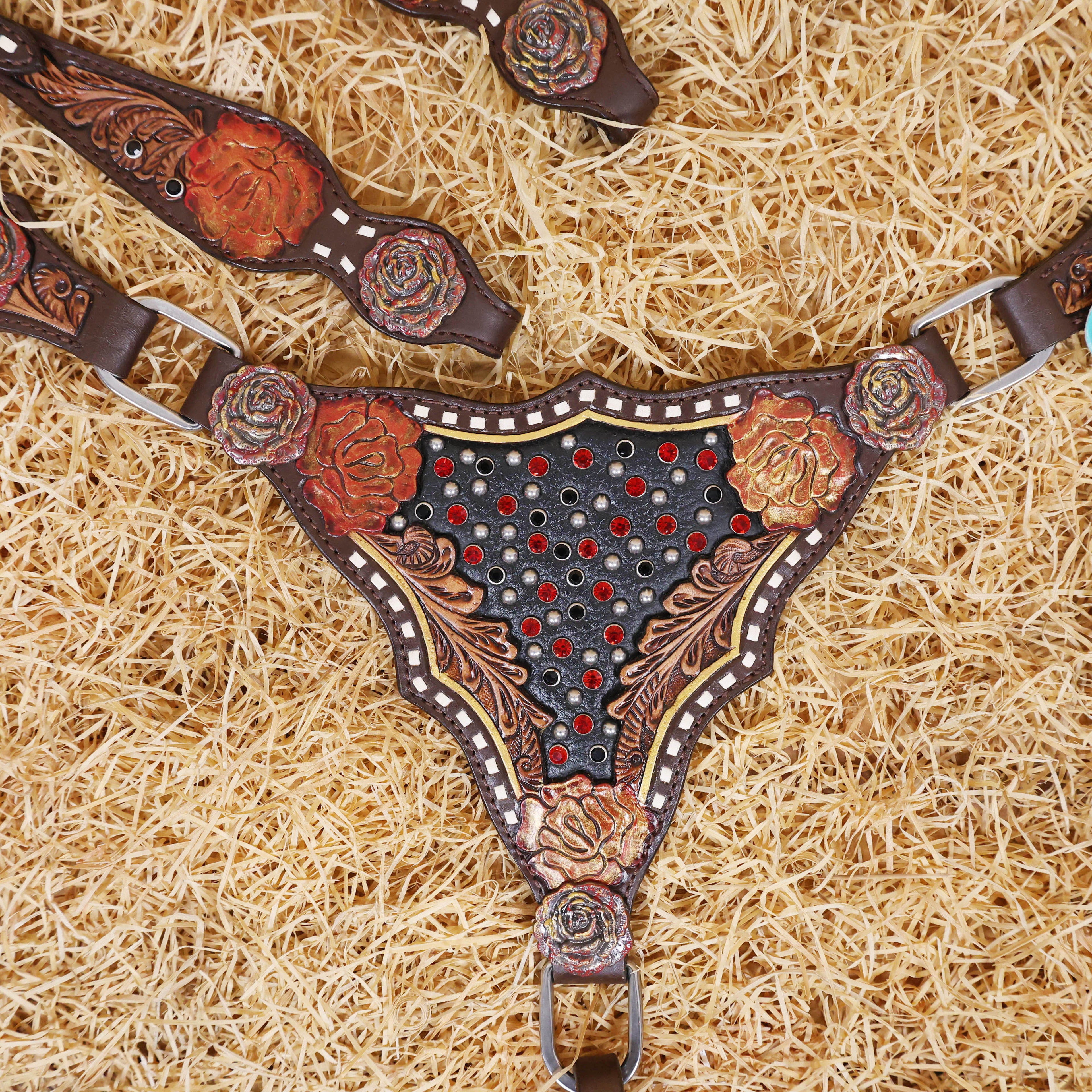 MOUSM Argentina Cow Leather Headstall & Breast Collar Set – Western Bridle Tack Set Decorated with Rose Carving and Rose Hardware with Red Stone Overlay