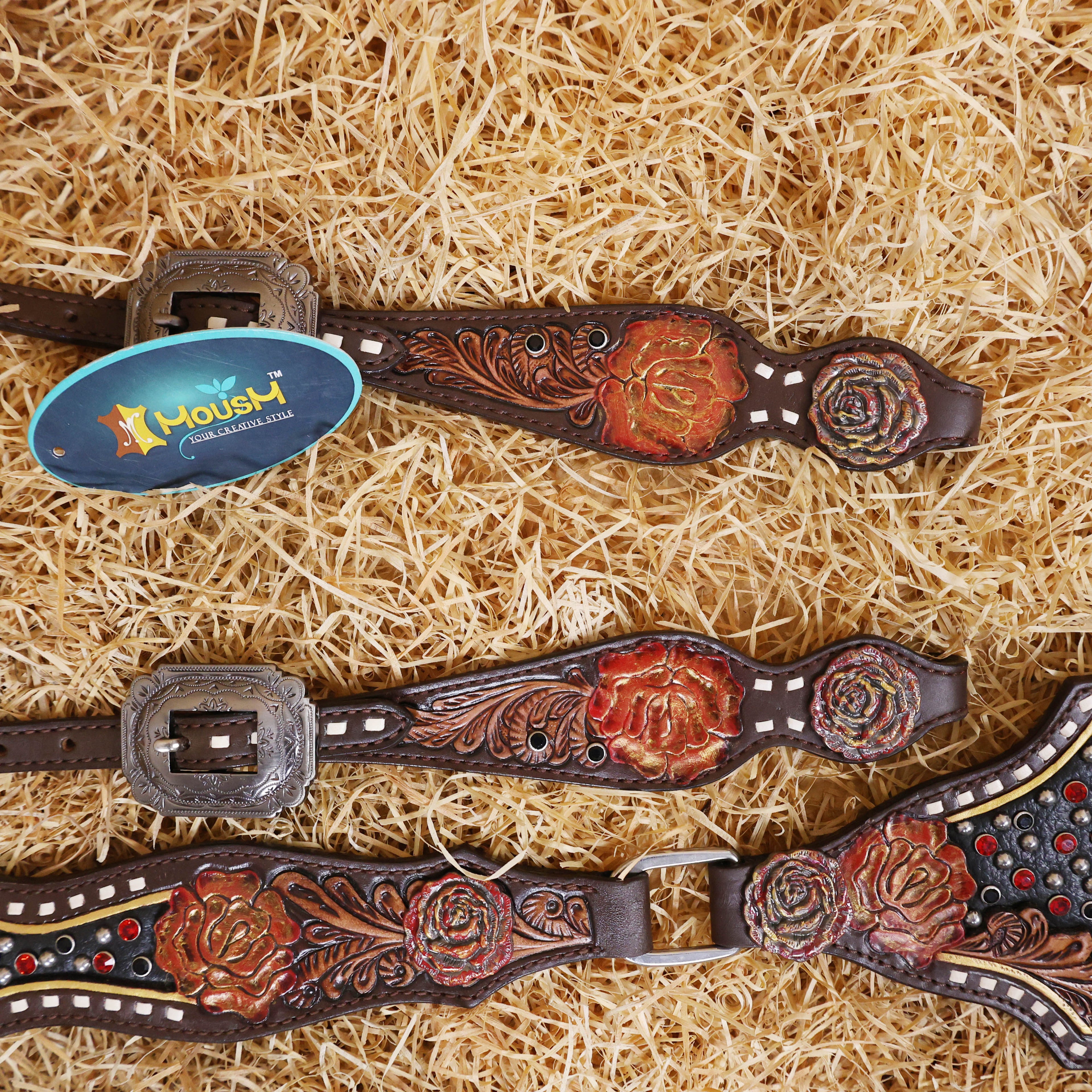 MOUSM Argentina Cow Leather Headstall & Breast Collar Set – Western Bridle Tack Set Decorated with Rose Carving and Rose Hardware with Red Stone Overlay