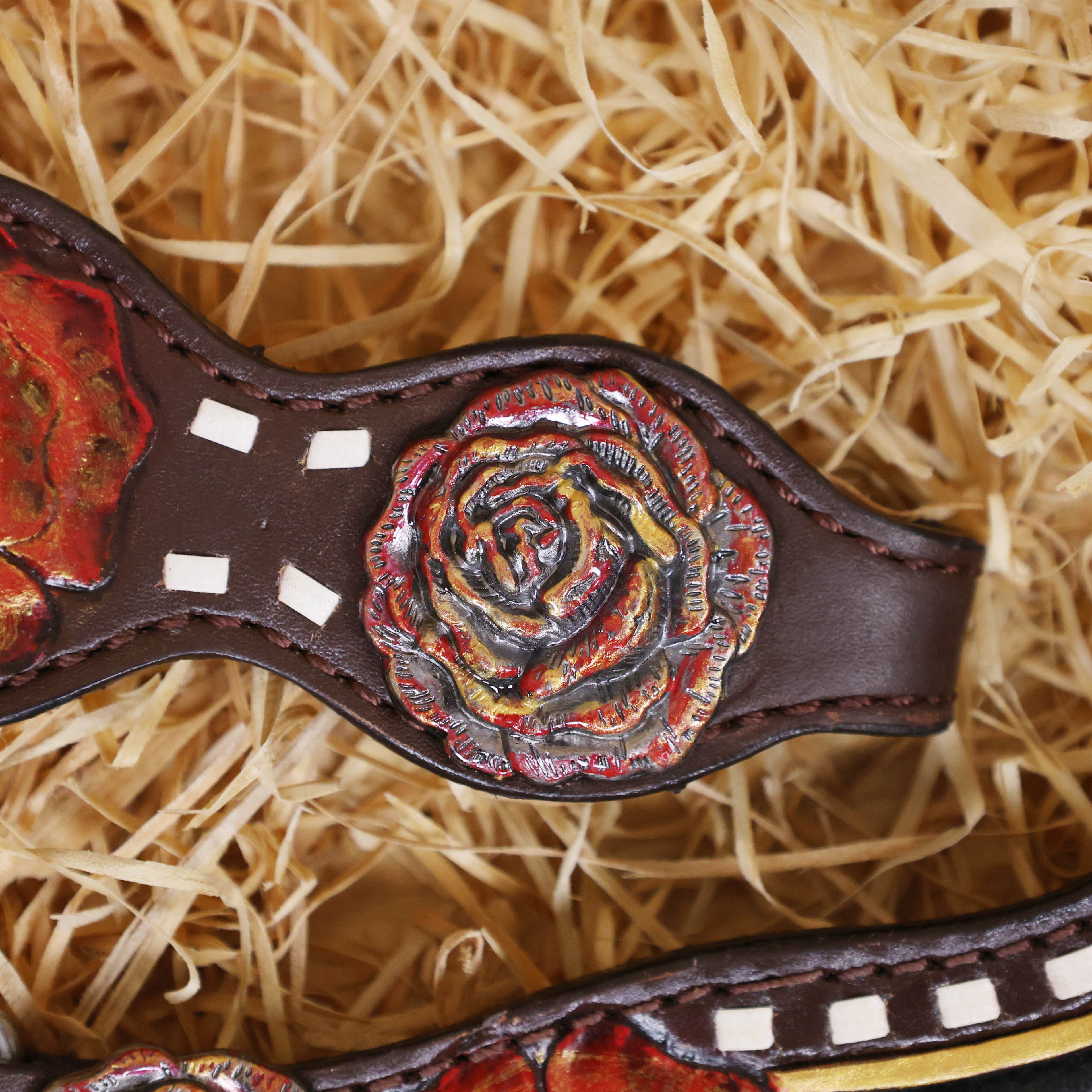 MOUSM Argentina Cow Leather Headstall & Breast Collar Set – Western Bridle Tack Set Decorated with Rose Carving and Rose Hardware with Red Stone Overlay