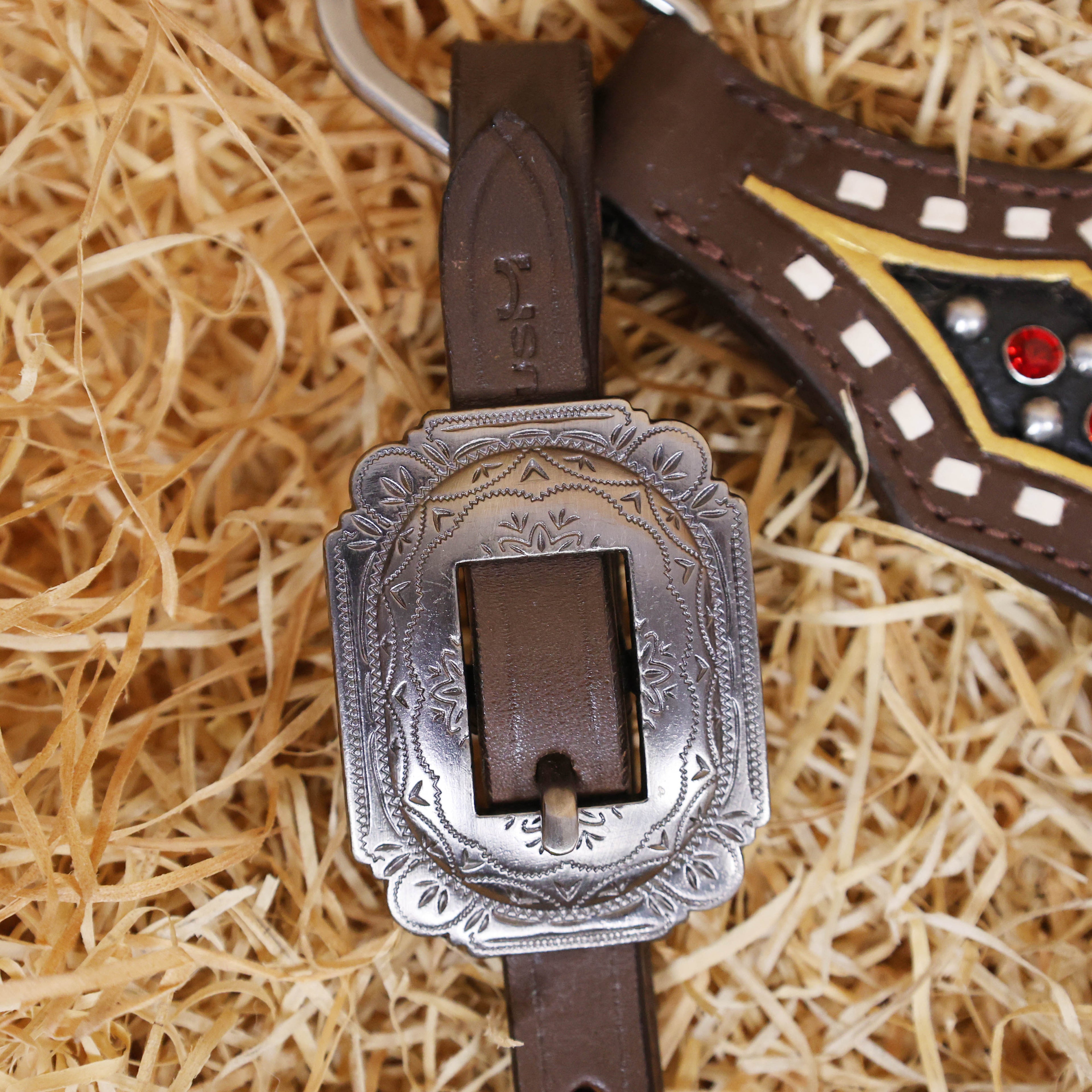 MOUSM Argentina Cow Leather Headstall & Breast Collar Set – Western Bridle Tack Set Decorated with Rose Carving and Rose Hardware with Red Stone Overlay