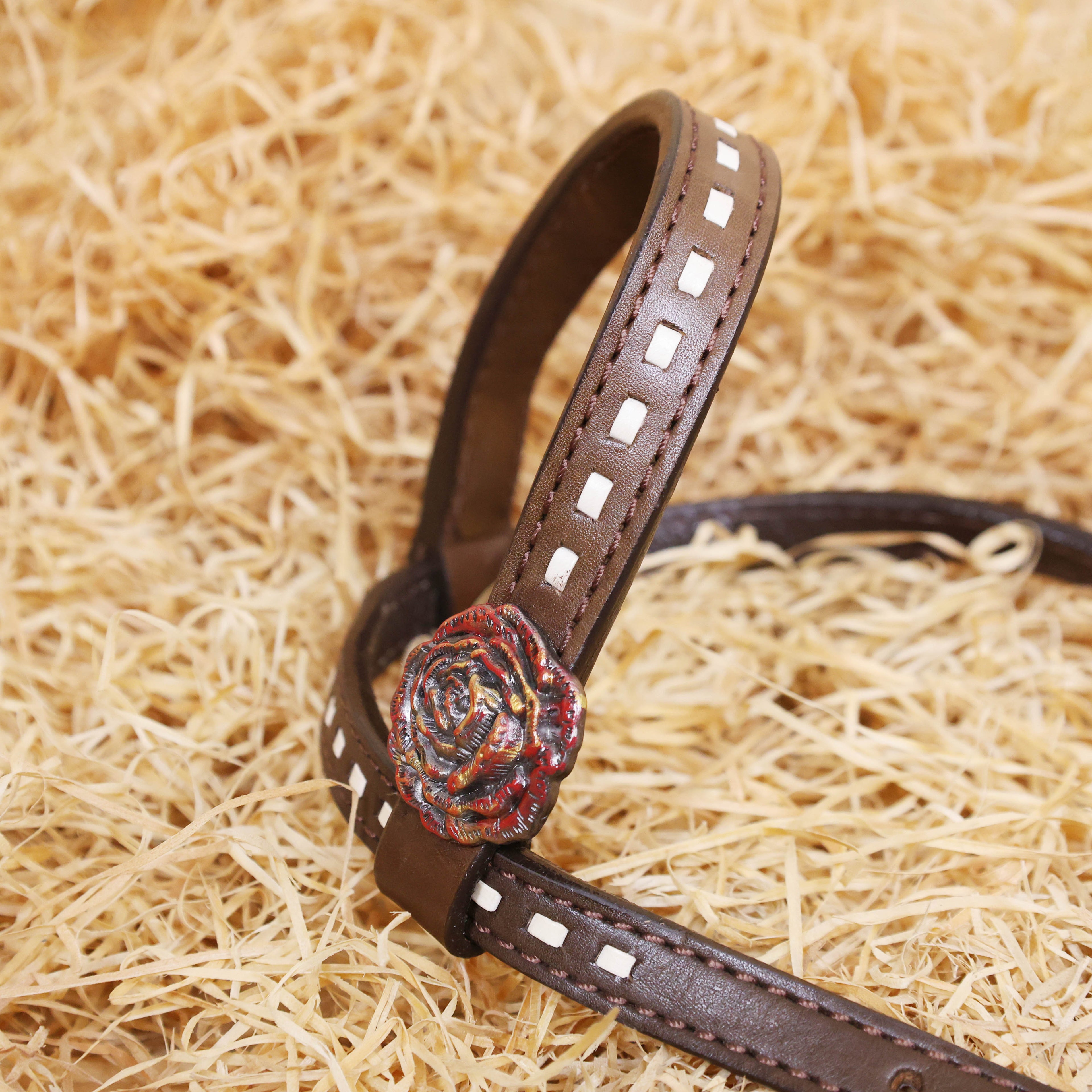 MOUSM Argentina Cow Leather Headstall & Breast Collar Set – Western Bridle Tack Set Decorated with Rose Carving and Rose Hardware with Red Stone Overlay