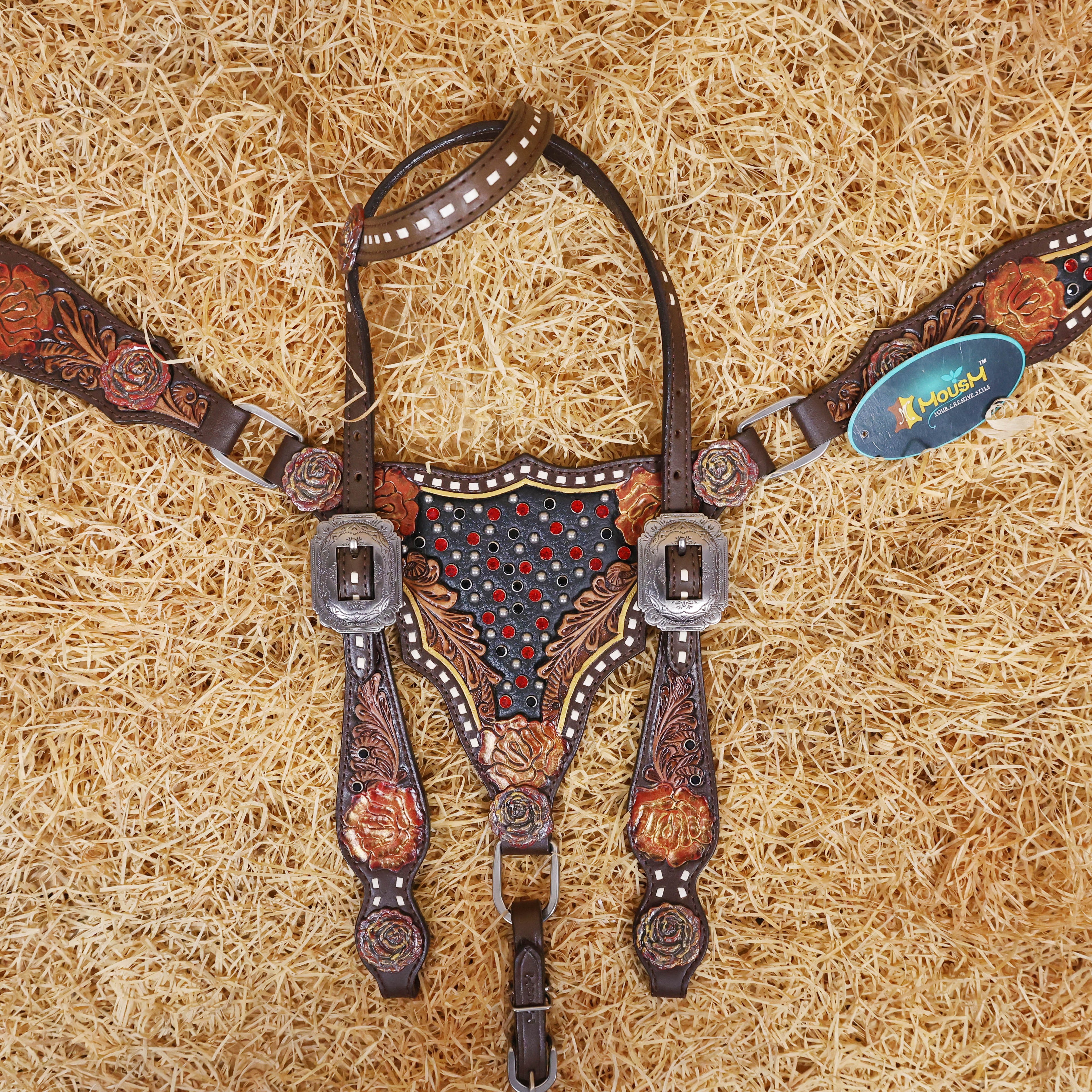 MOUSM Argentina Cow Leather Headstall & Breast Collar Set – Western Bridle Tack Set Decorated with Rose Carving and Rose Hardware with Red Stone Overlay