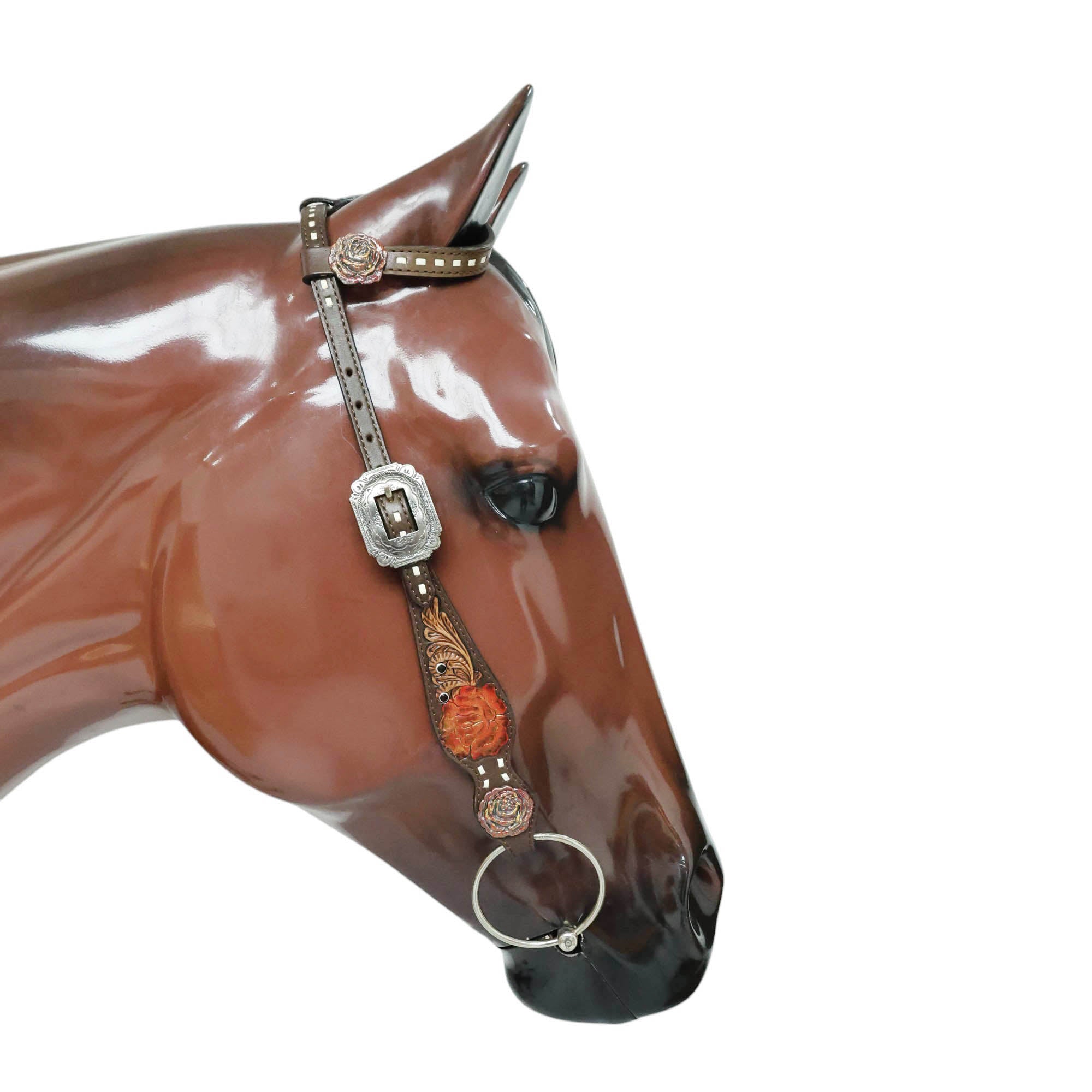 MOUSM Argentina Cow Leather Headstall & Breast Collar Set – Western Bridle Tack Set Decorated with Rose Carving and Rose Hardware with Red Stone Overlay