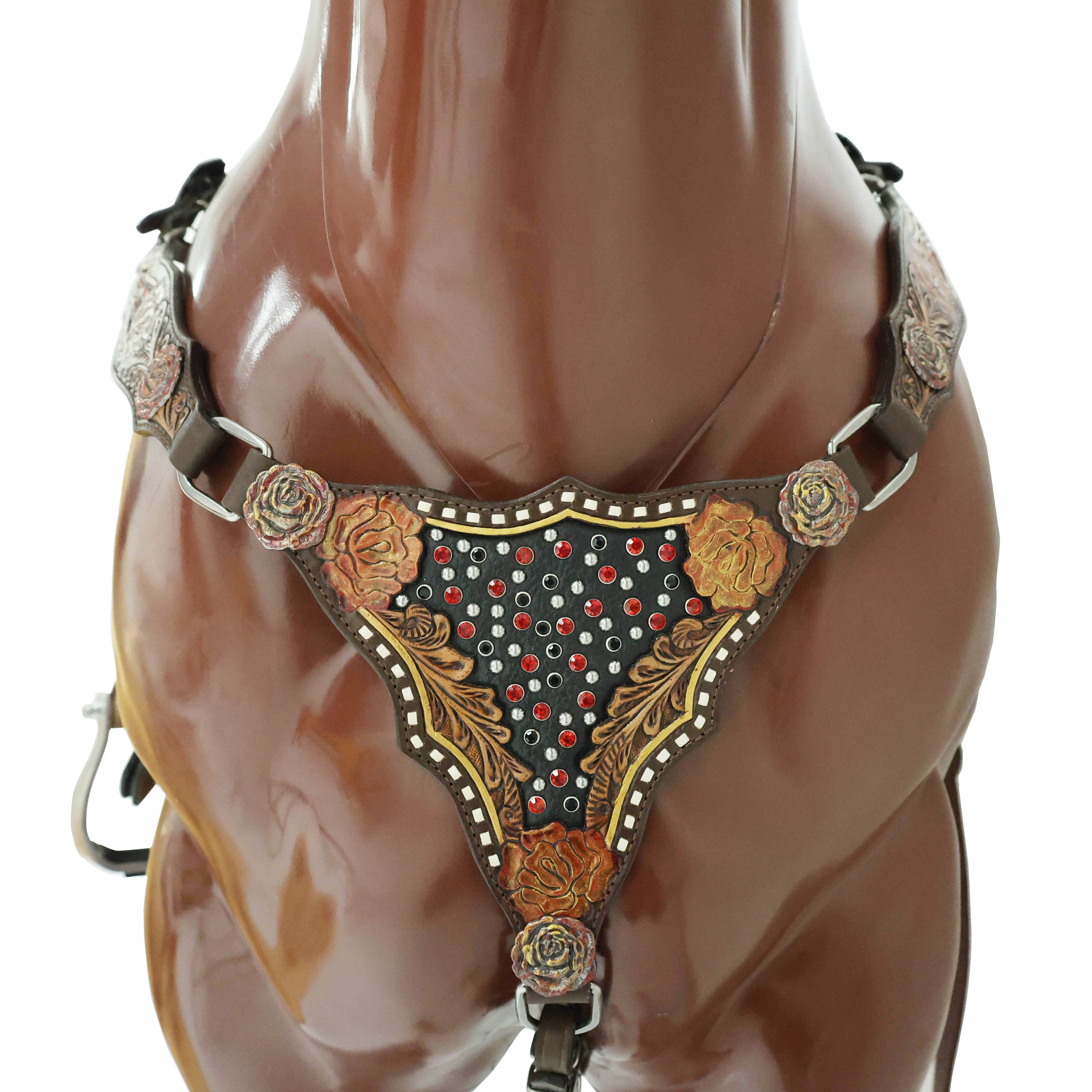 MOUSM Argentina Cow Leather Headstall & Breast Collar Set – Western Bridle Tack Set Decorated with Rose Carving and Rose Hardware with Red Stone Overlay