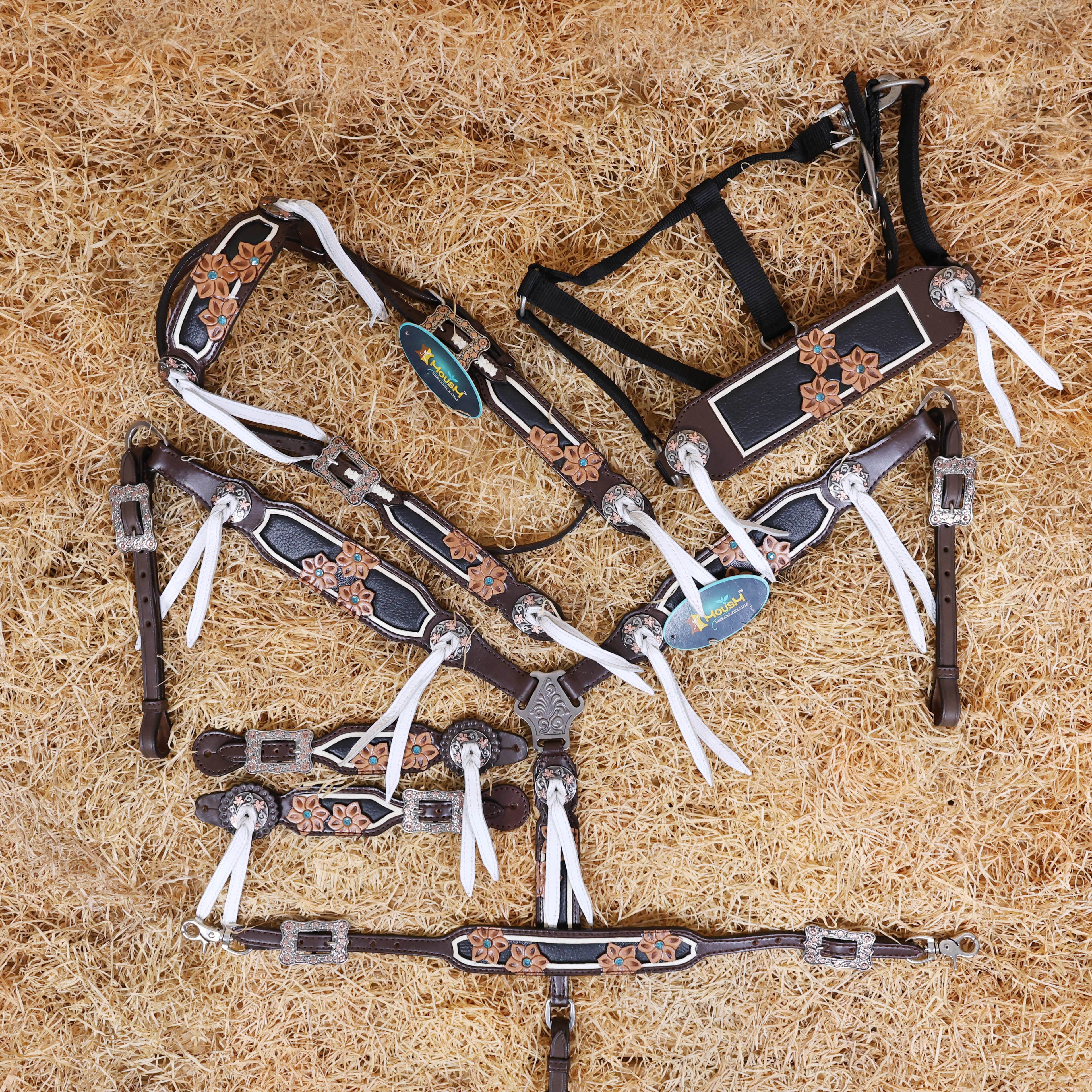 MOUSM Argentina Cow Leather Western Horse Tack Set – Browband Headstall & Breast Collar, Bronc Halter, Wither & Spur Straps, Decorated with Flower Carving and White String
