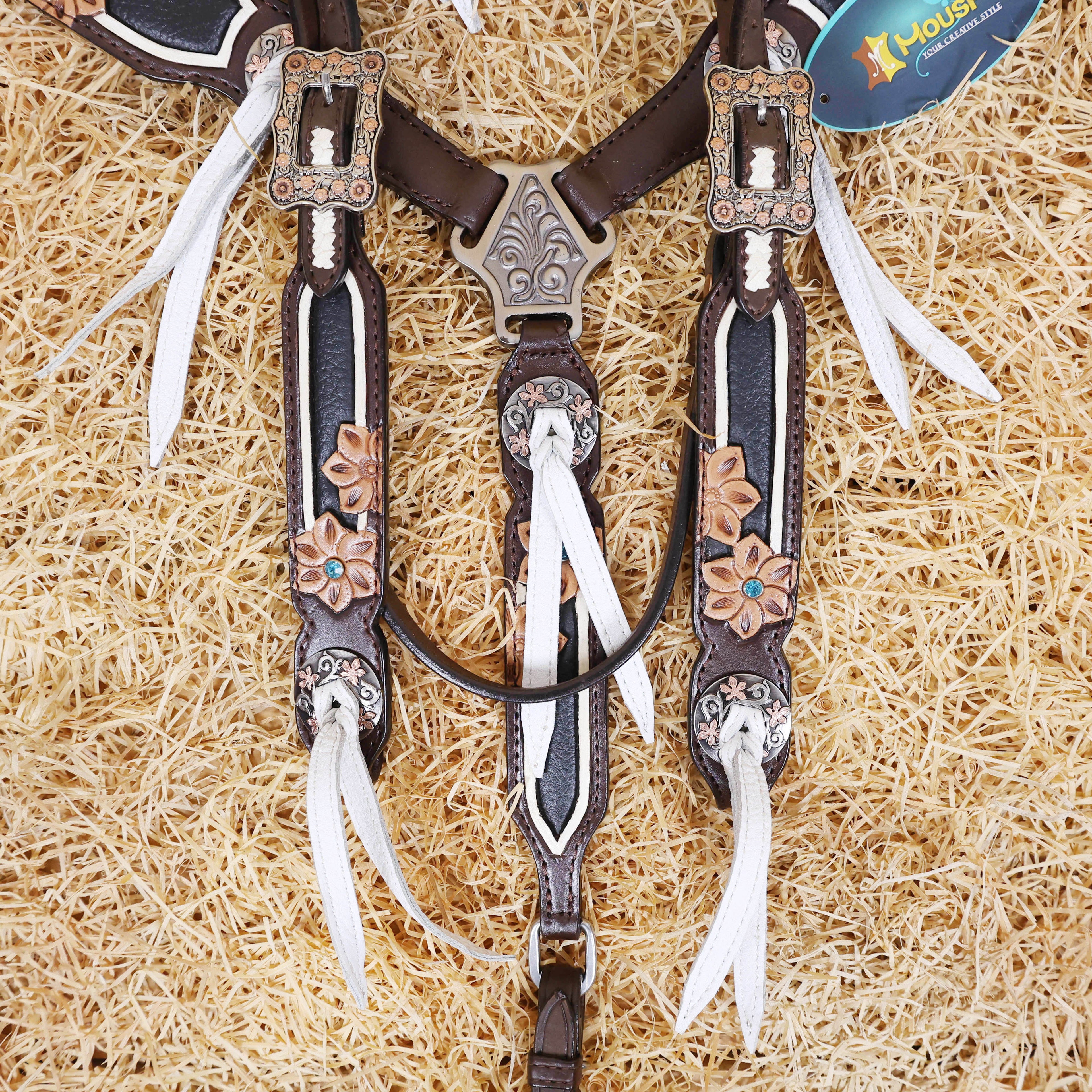 MOUSM Argentina Cow Leather Western Horse Tack Set – Browband Headstall & Breast Collar, Bronc Halter, Wither & Spur Straps, Decorated with Flower Carving and White String
