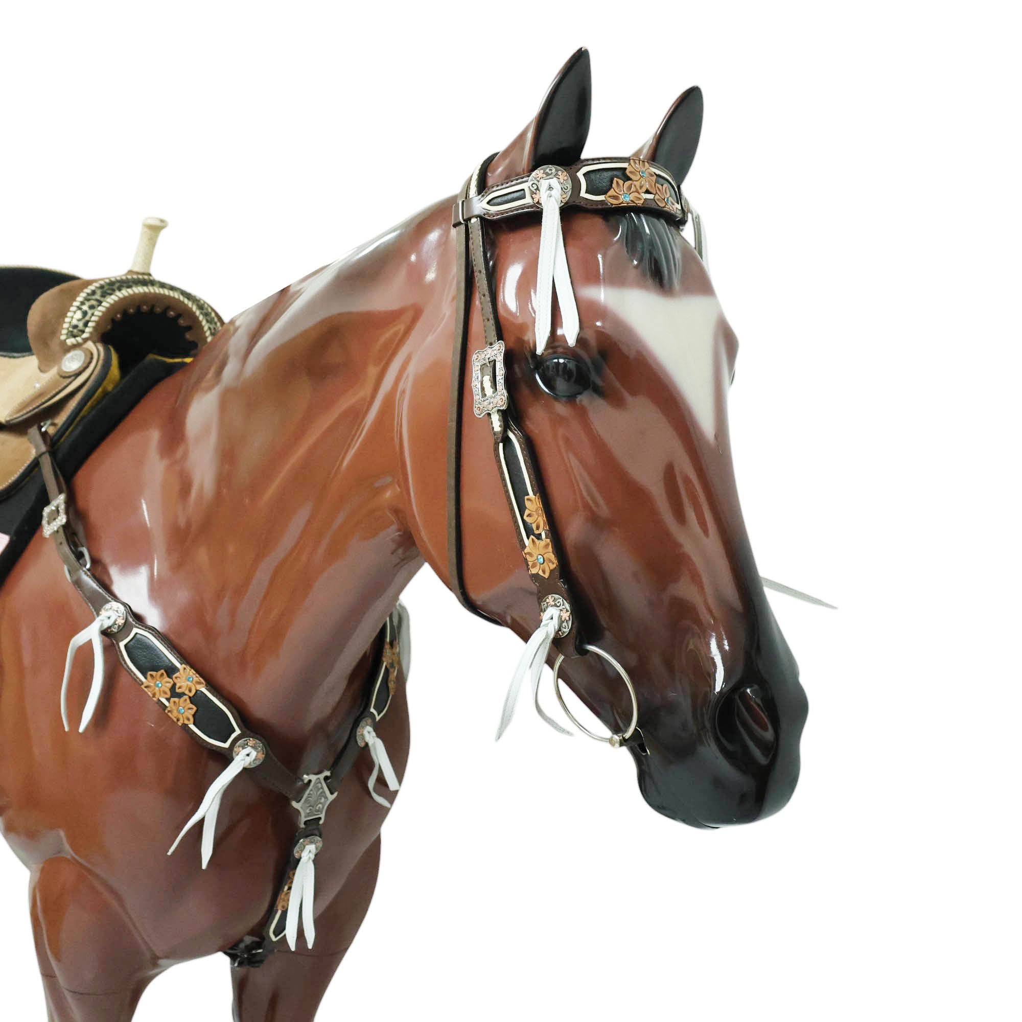 MOUSM Argentina Cow Leather Western Horse Tack Set – Browband Headstall & Breast Collar, Bronc Halter, Wither & Spur Straps, Decorated with Flower Carving and White String