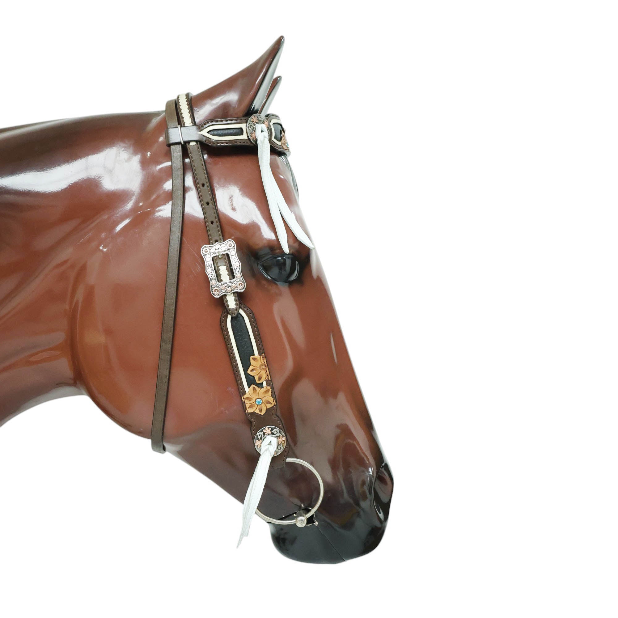 MOUSM Argentina Cow Leather Western Horse Tack Set – Browband Headstall & Breast Collar, Bronc Halter, Wither & Spur Straps, Decorated with Flower Carving and White String