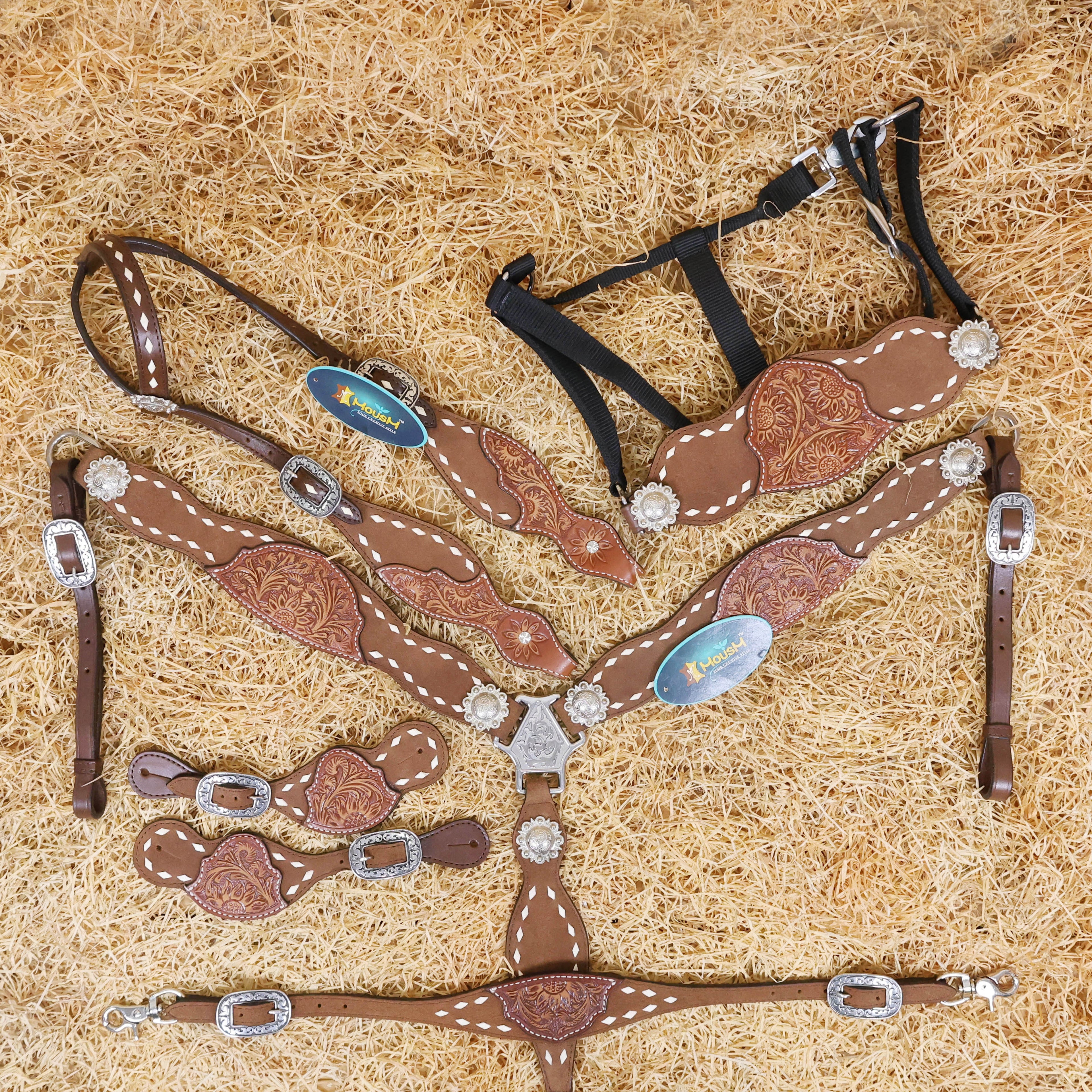 MOUSM Argentina Cow Leather Western Horse Tack Set – One Ear Headstall & Breast Collar, Bronc Halter, Wither & Spur Straps with Hand-Tooled Sunflower Carving & White Buck Stitching