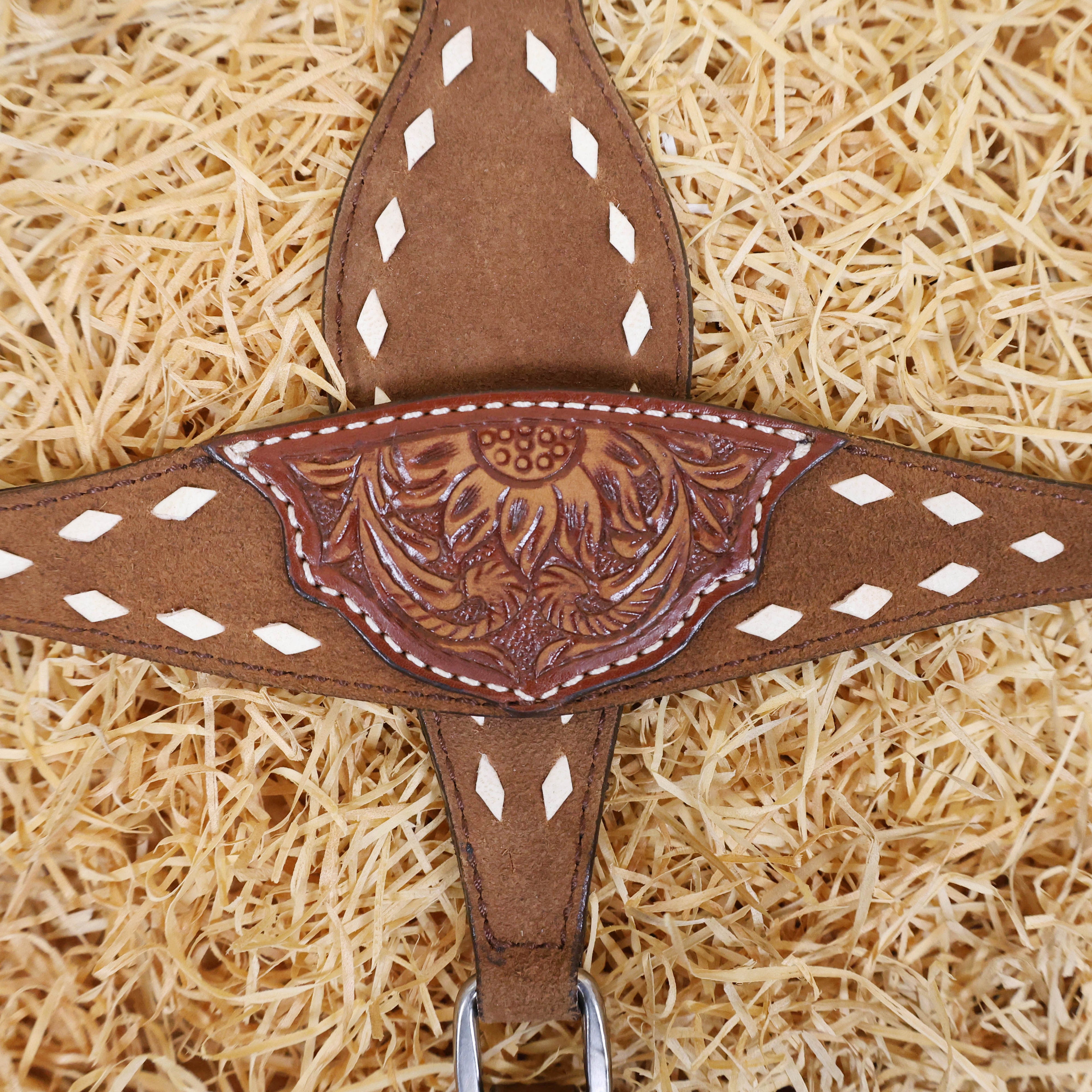MOUSM Argentina Cow Leather Western Horse Tack Set – One Ear Headstall & Breast Collar, Bronc Halter, Wither & Spur Straps with Hand-Tooled Sunflower Carving & White Buck Stitching