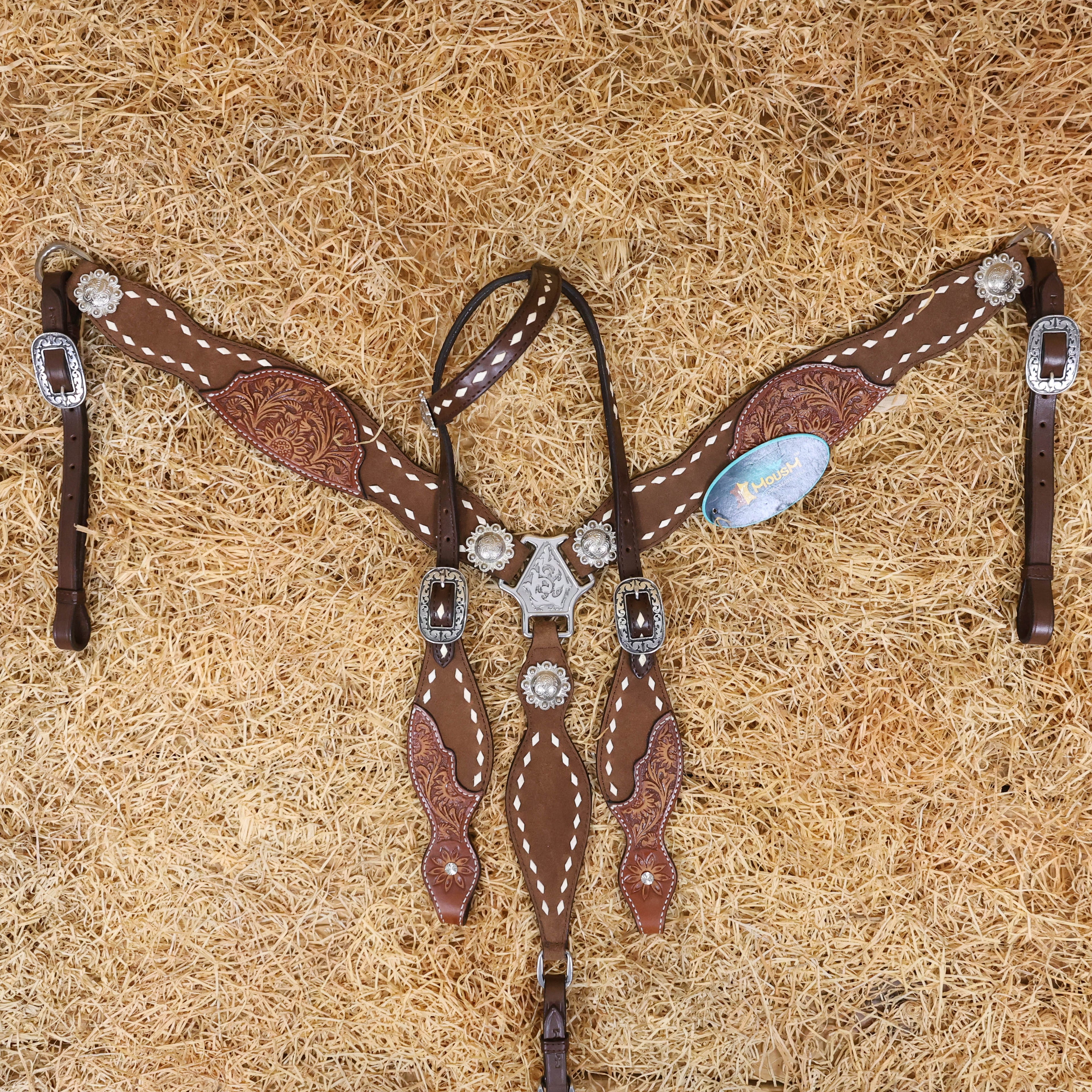 MOUSM Argentina Cow Leather Western Horse Tack Set – One Ear Headstall & Breast Collar, Bronc Halter, Wither & Spur Straps with Hand-Tooled Sunflower Carving & White Buck Stitching