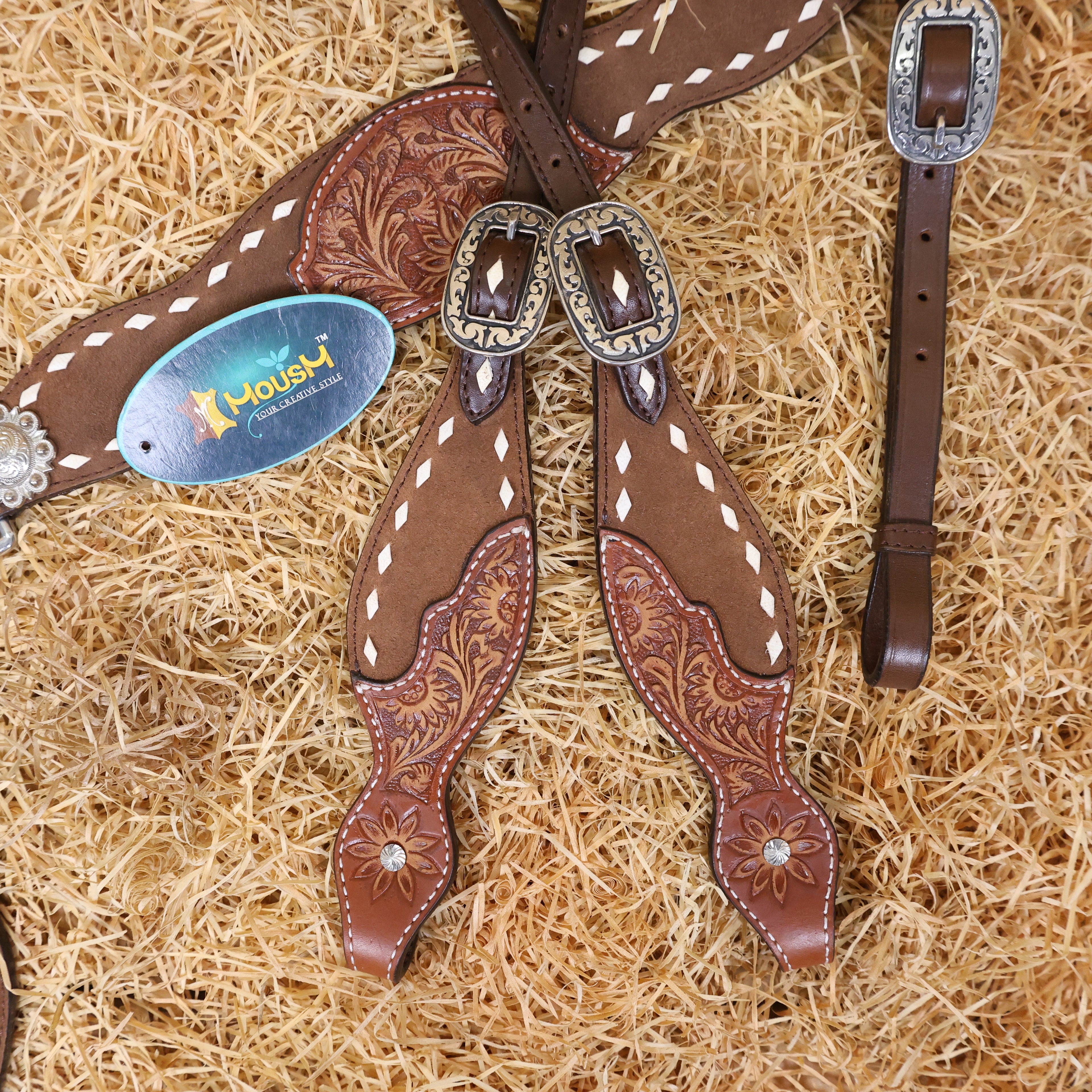 MOUSM Argentina Cow Leather Western Horse Tack Set – One Ear Headstall & Breast Collar, Bronc Halter, Wither & Spur Straps with Hand-Tooled Sunflower Carving & White Buck Stitching