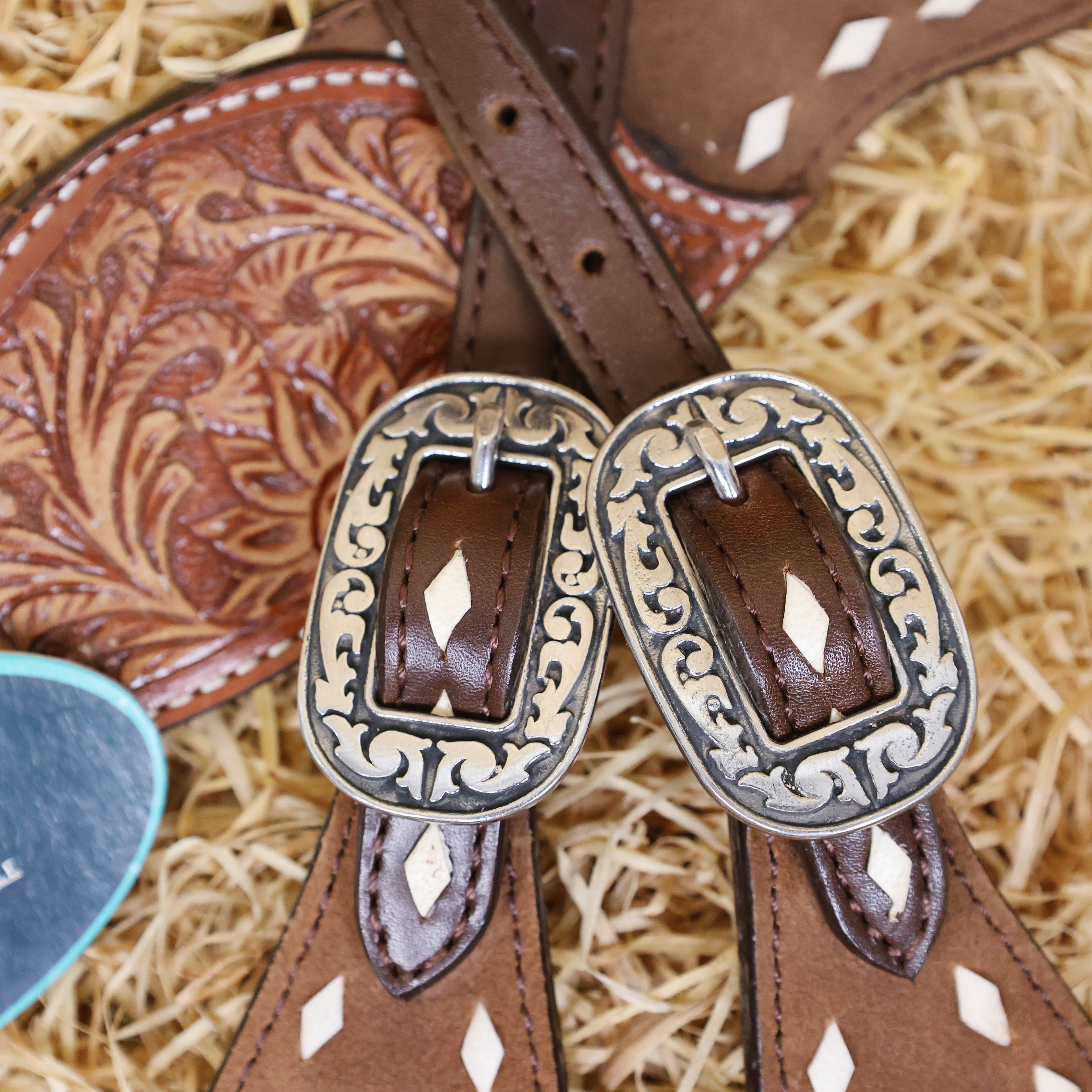 MOUSM Argentina Cow Leather Western Horse Tack Set – One Ear Headstall & Breast Collar, Bronc Halter, Wither & Spur Straps with Hand-Tooled Sunflower Carving & White Buck Stitching