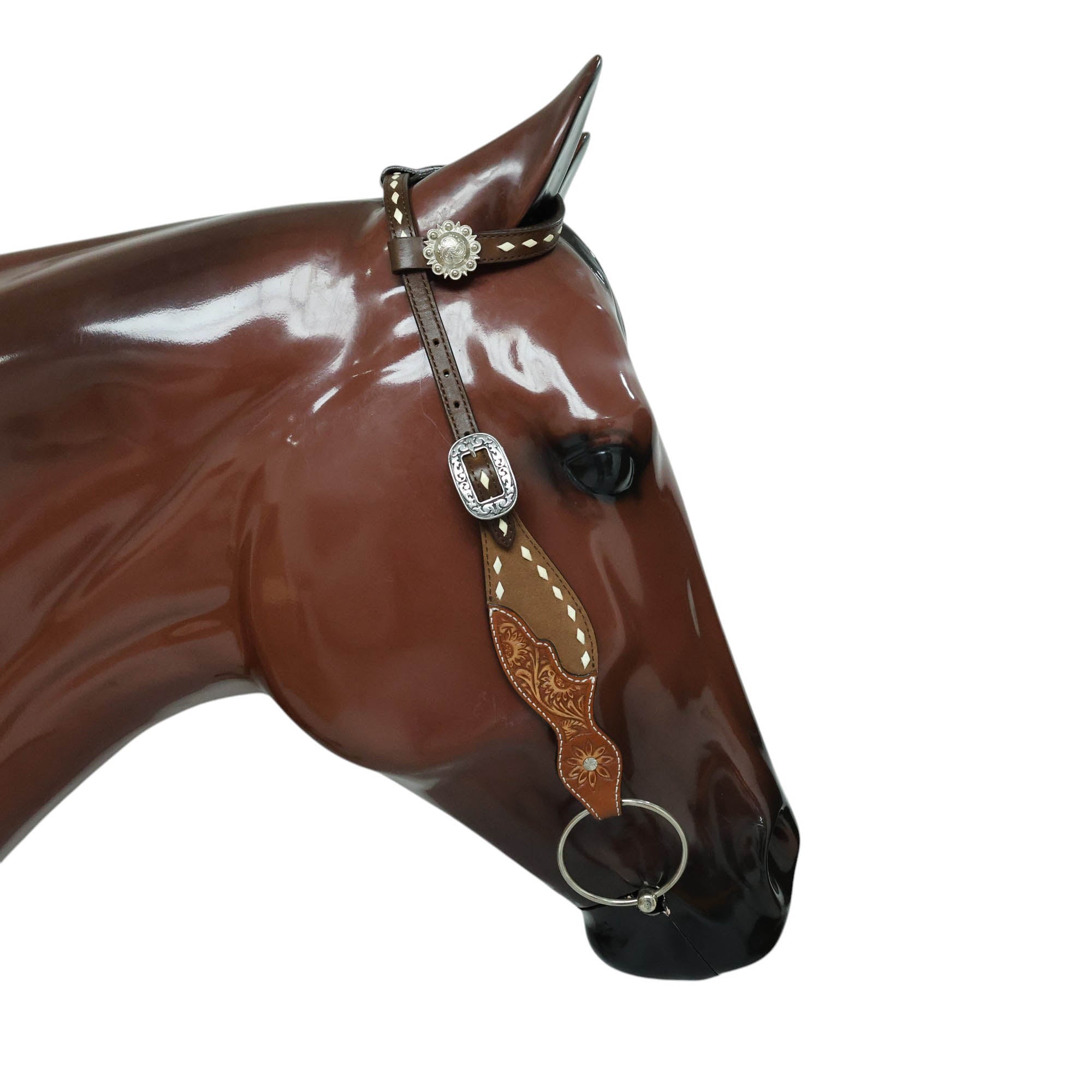 MOUSM Argentina Cow Leather Western Horse Tack Set – One Ear Headstall & Breast Collar, Bronc Halter, Wither & Spur Straps with Hand-Tooled Sunflower Carving & White Buck Stitching